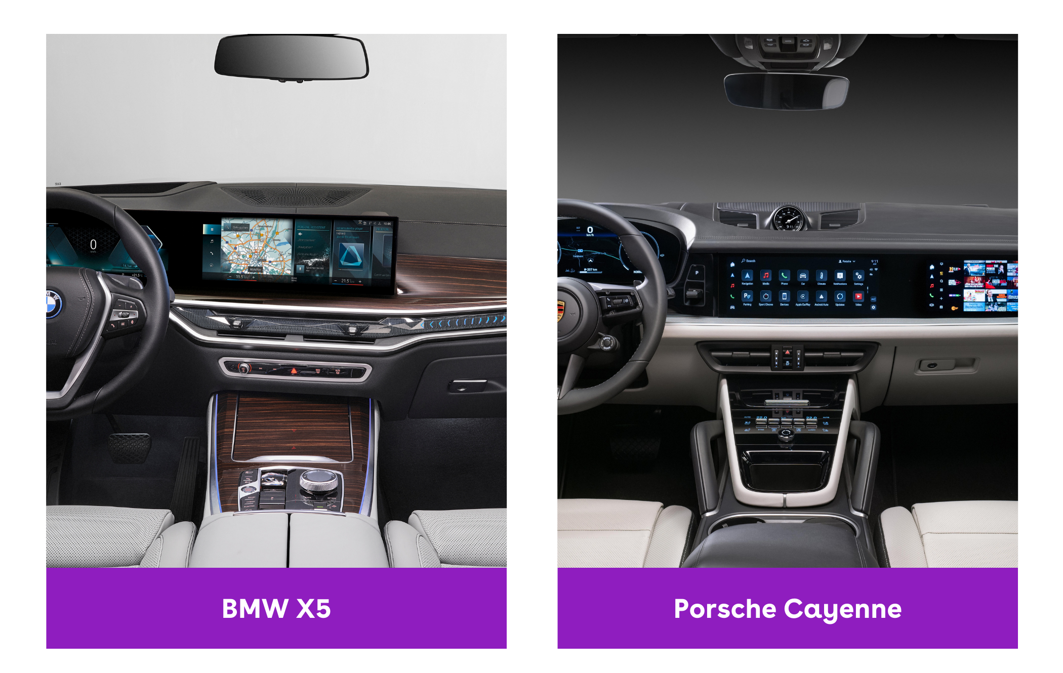 Side-by-side interior view of BMW X5 and Porsche Cayenne
