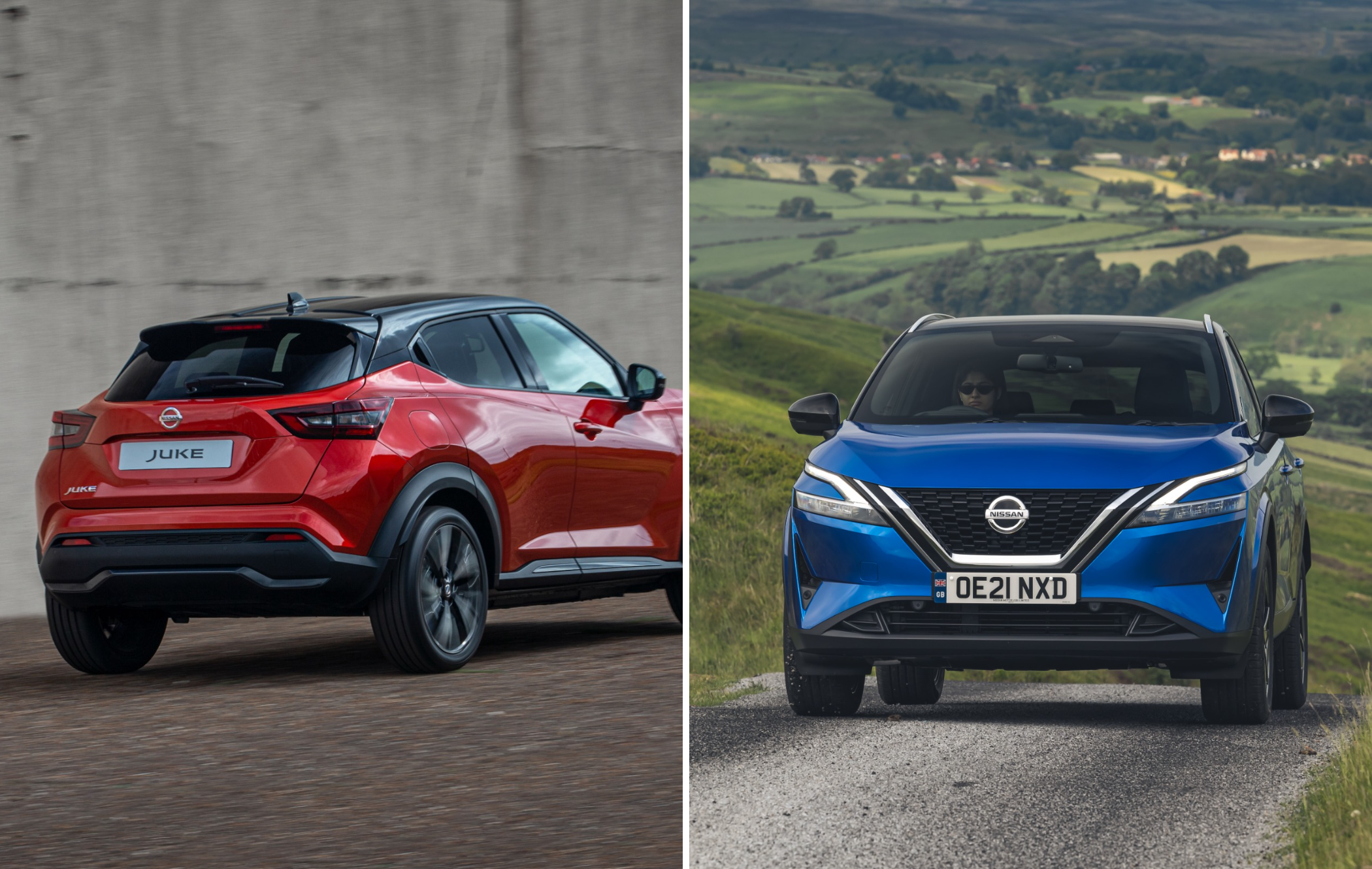 on the left is a red nissan juke driving away from the camera and on the right is a blue qashqai driving in the countryside