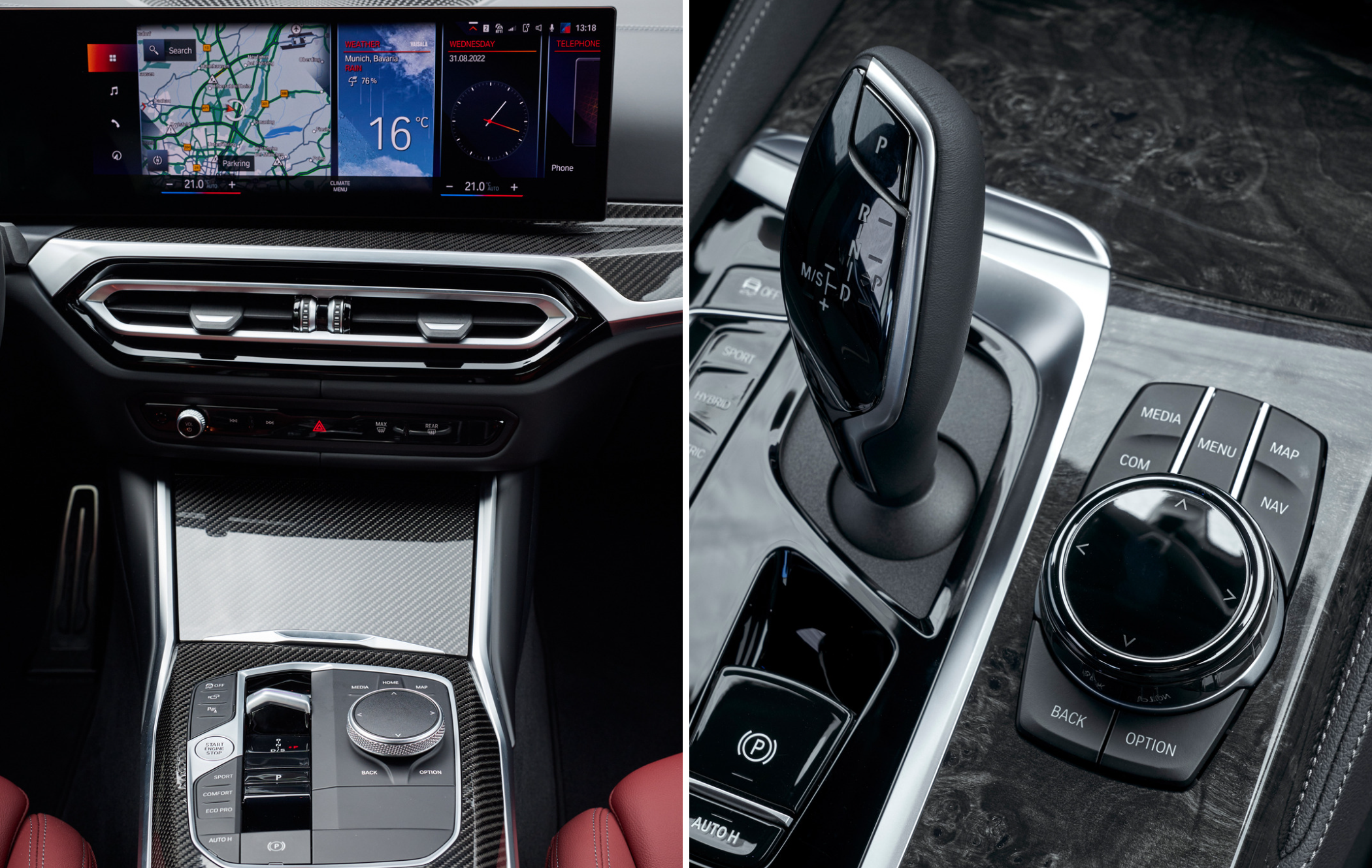 on the right is a bmw 3 series infotainment screen and on the right is a 5 series' gear selector 