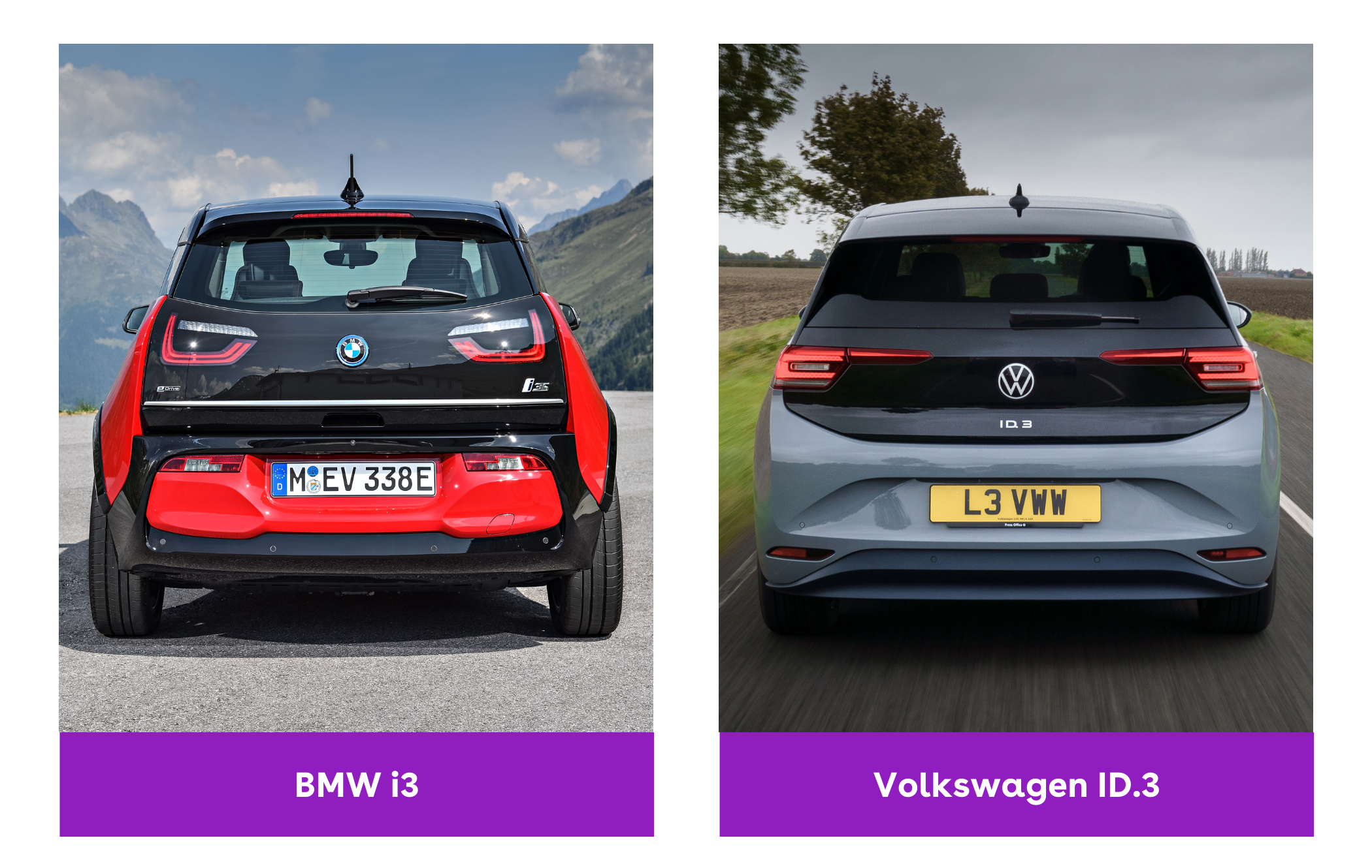 Side-by-side rear view of BMW i3 and Volkswagen ID.3