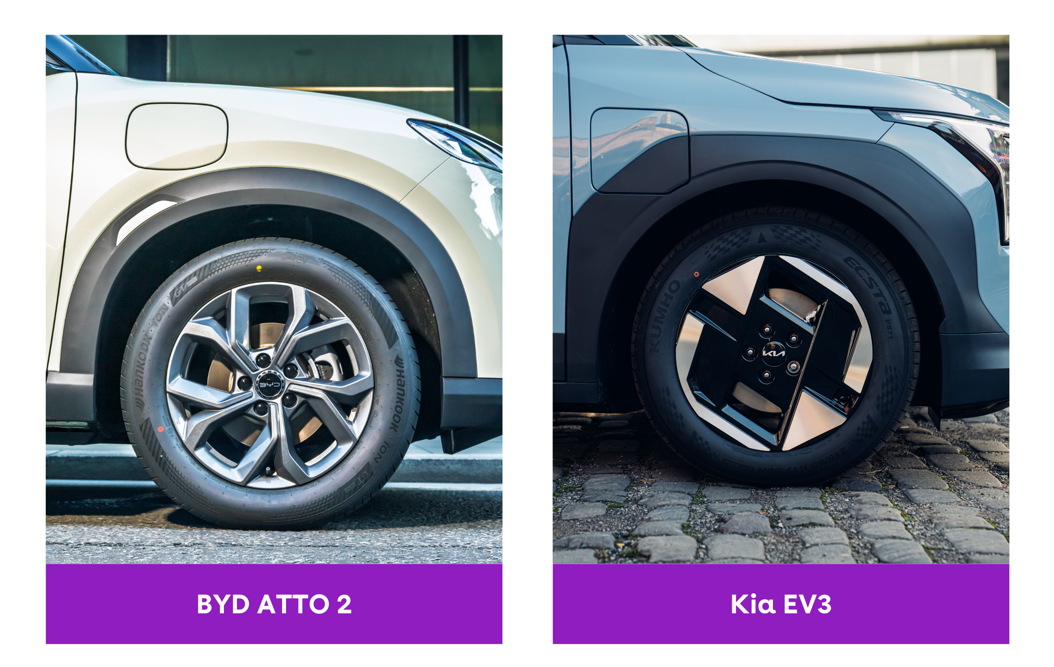 Side-by-side comparison of the BYD Atto 2 and Kia EV3 cars, focusing on their wheels and tires. Each car has distinct rim designs.