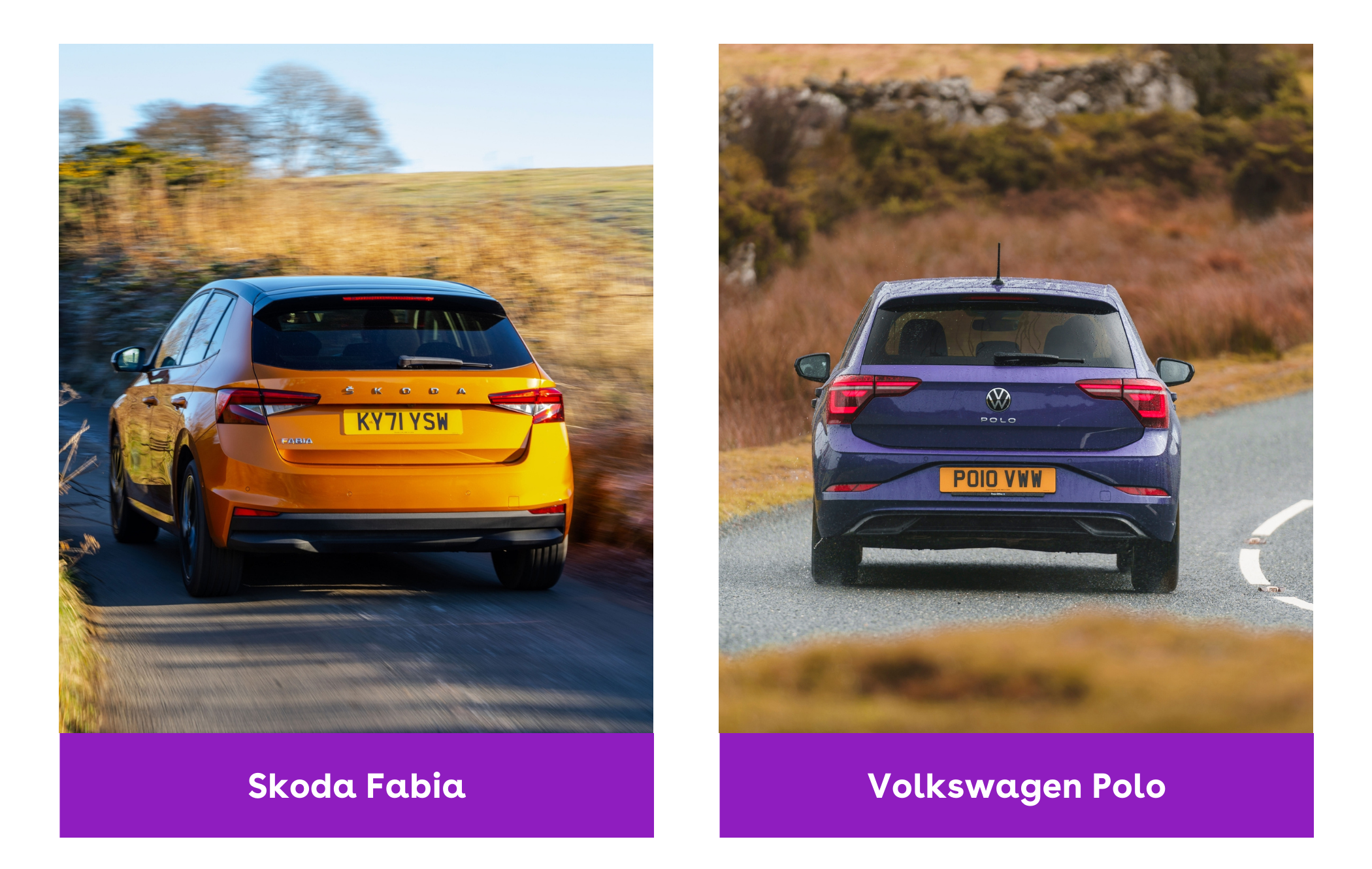 Side-by-side rear image of orange Skoda Fabia and purple Volkswagen Polo