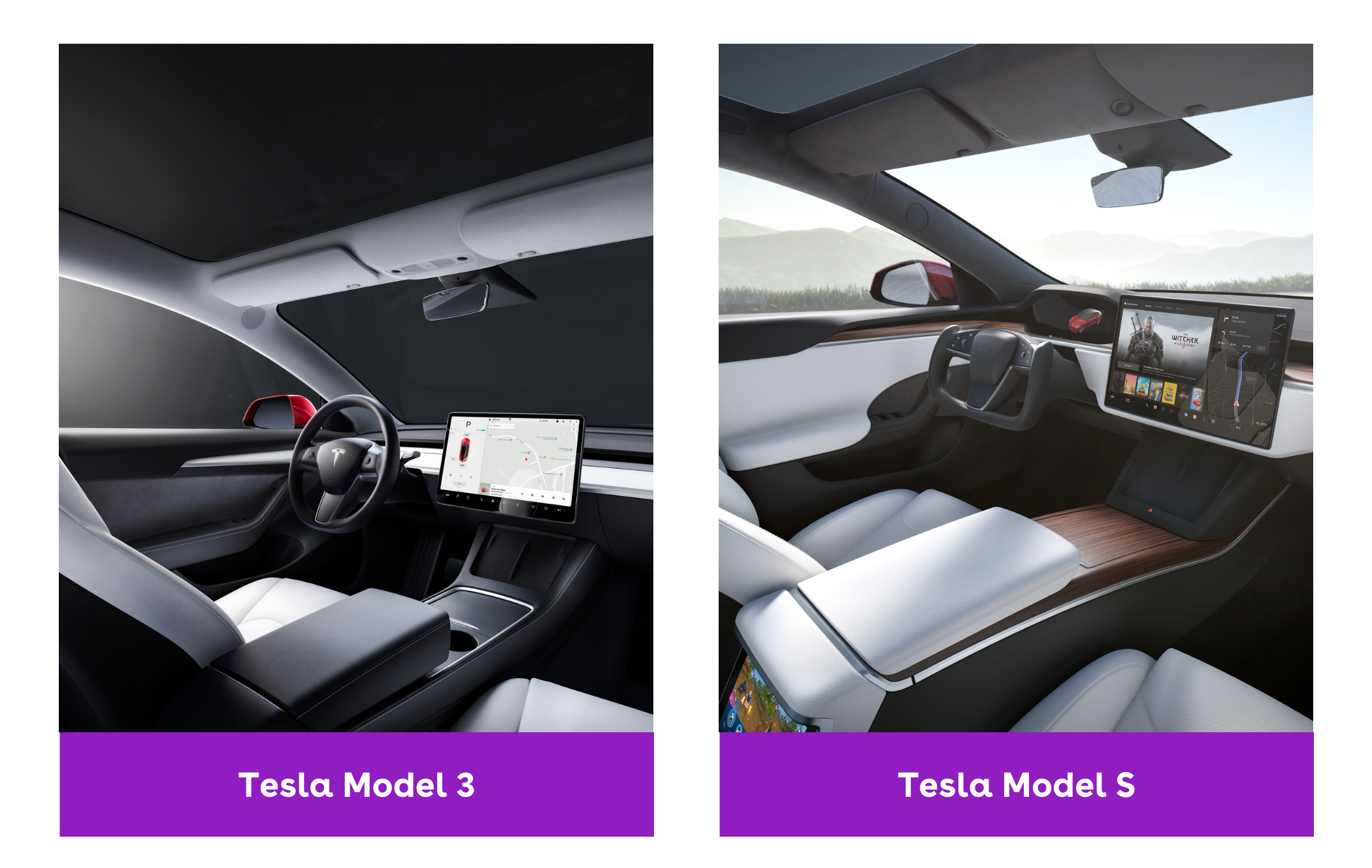 on the left is a tesla model 3's white leather interior and on the right is a mdoel s plaid's white interior