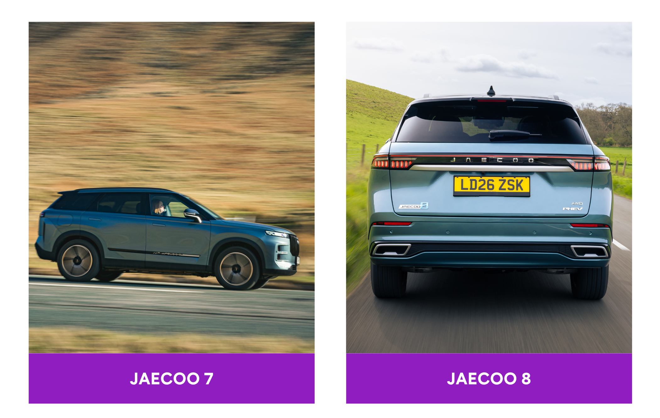 Side view of a blue Jaecoo 7 car on a road, and a rear view of a blue Jaecoo 8 car with license plate LD26 ZSK. Both against scenic backgrounds.