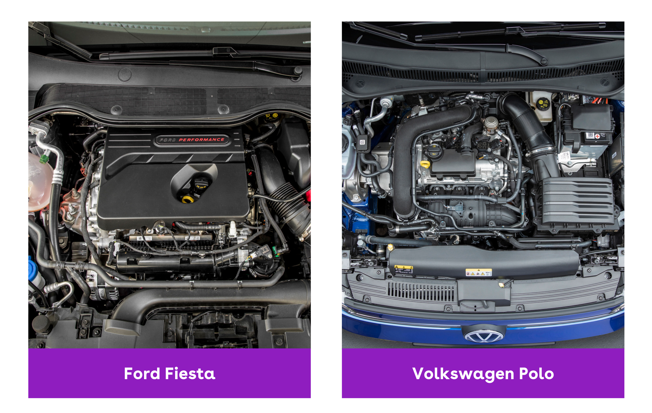 on the left is a Ford Fiesta's engine bay and on the right is a Volkswagen Polo's engine bay