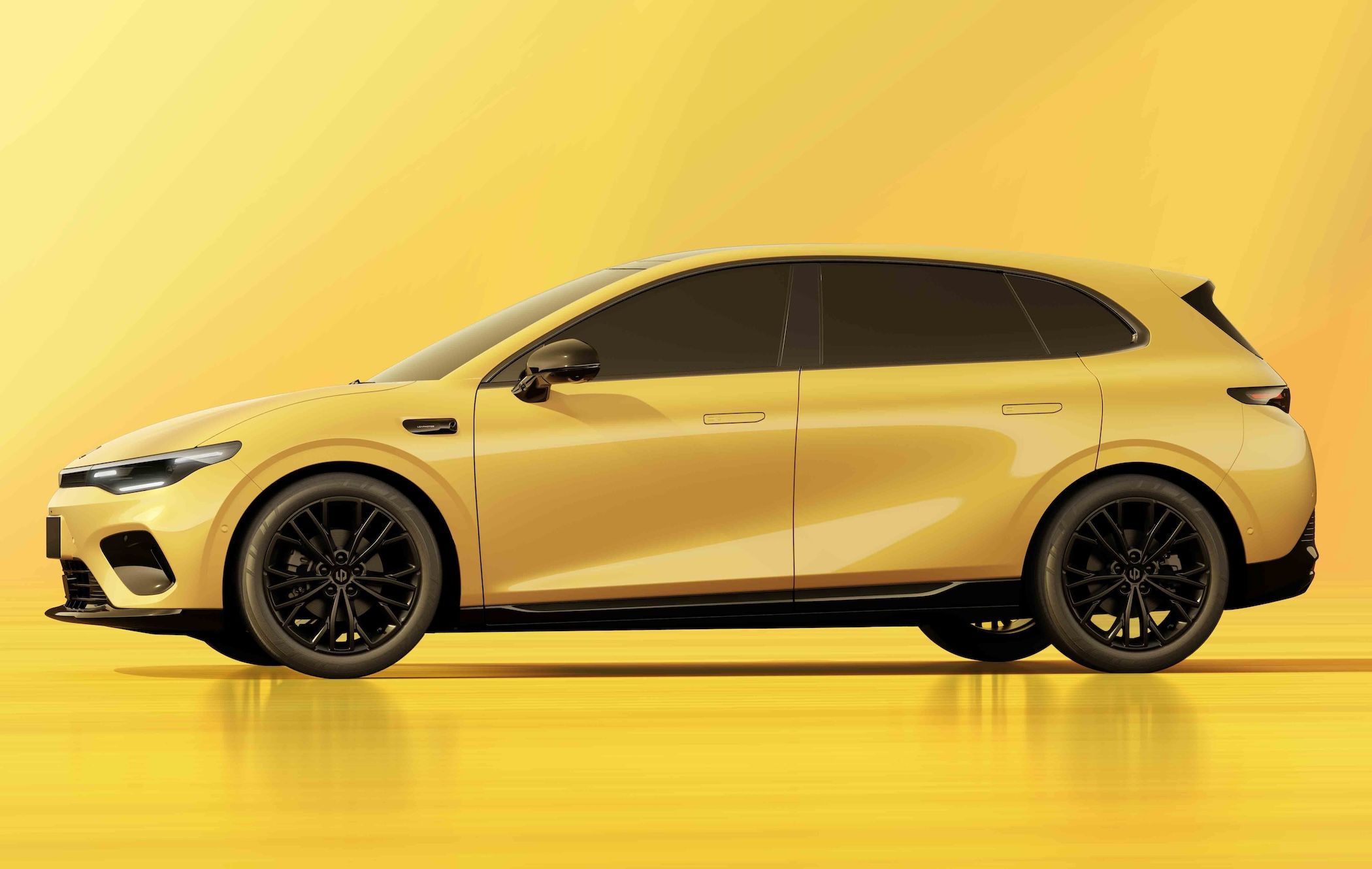 Yellow Leapmotor B05 with black wheels and tinted windows, set against a matching yellow background.