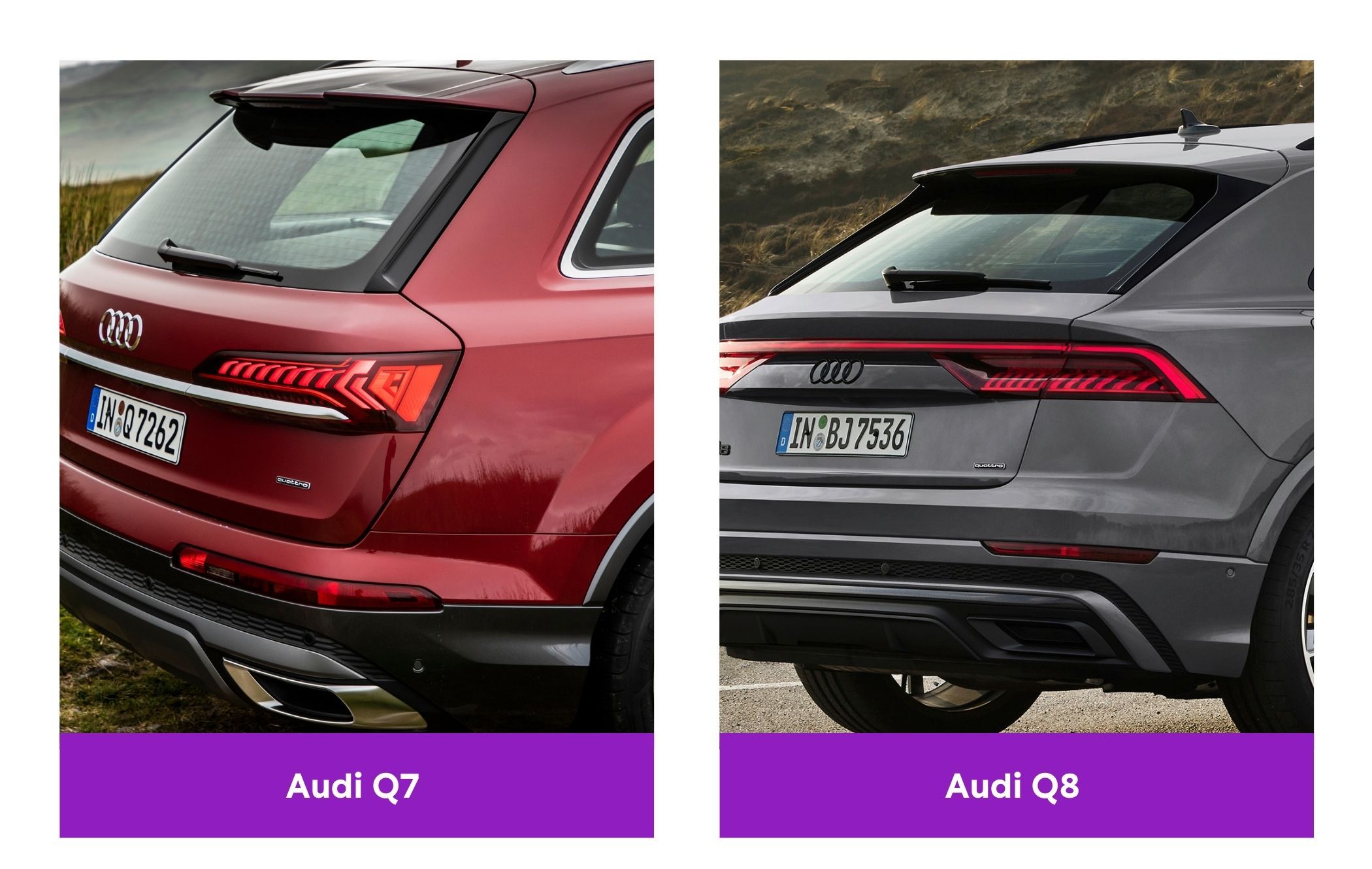 A comparison of the rear details on the Audi Q7 and Q8 models