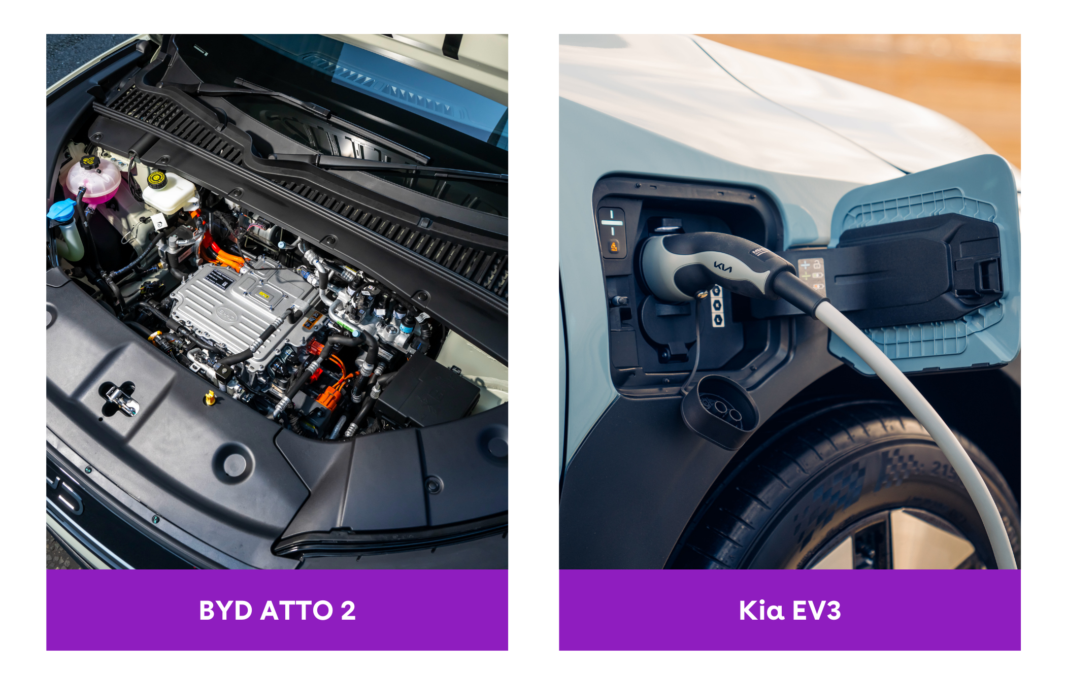 Split image: Left shows the engine bay of the BYD ATTO 2; right shows a Kia EV3 being charged, with "BYD ATTO 2" and "Kia EV3" labels.
