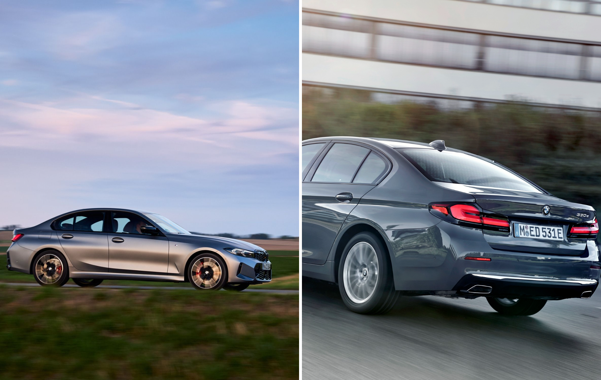 on the left is a bmw 3 series driving along a road and on the right is the rear of a 5 series