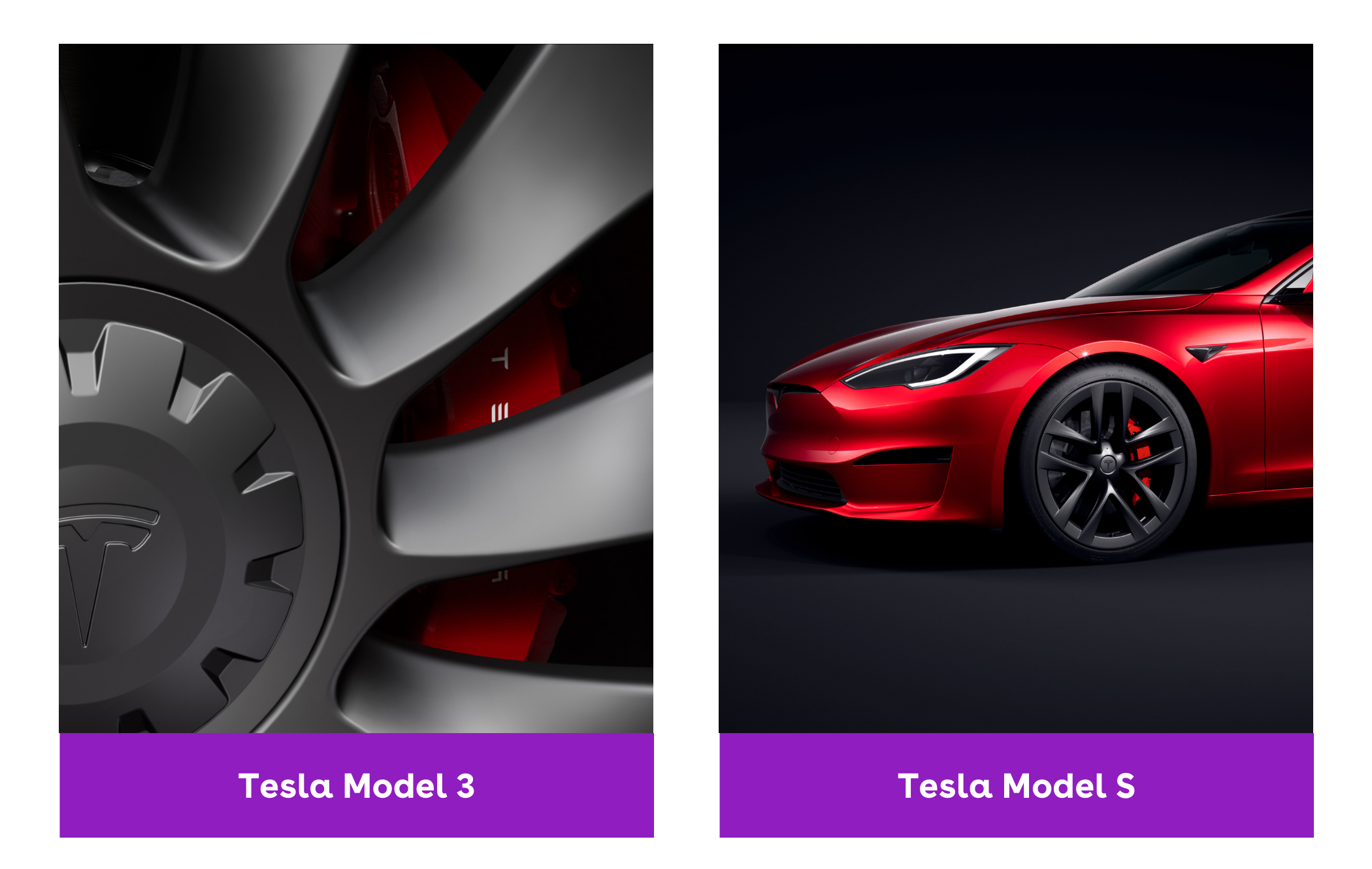 on the left is a black model 3's wheel close up and on the right is the front of a red model s