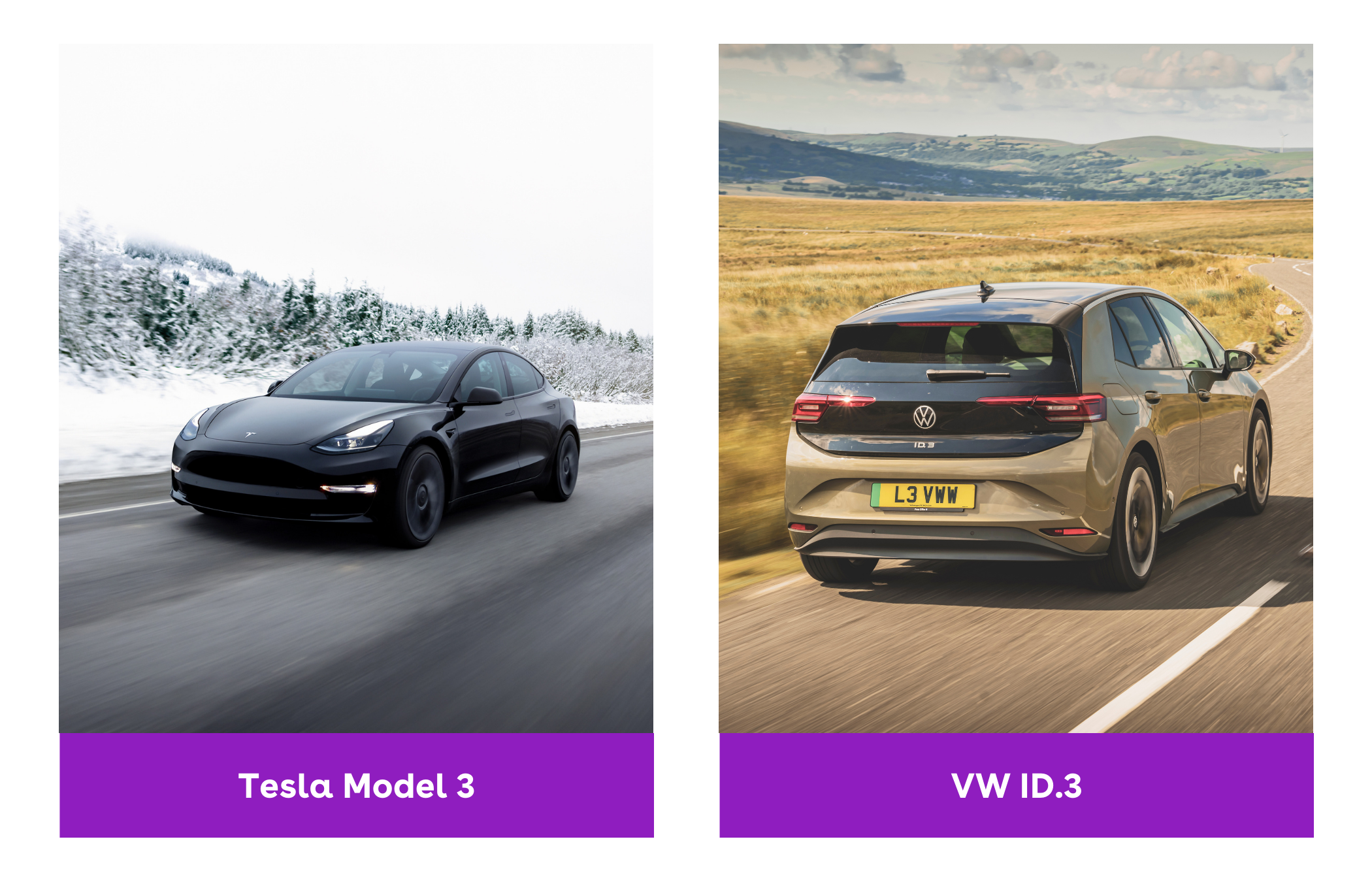 on the left is a black tesla model 3 and on the right is a vw id3 driving on a country road