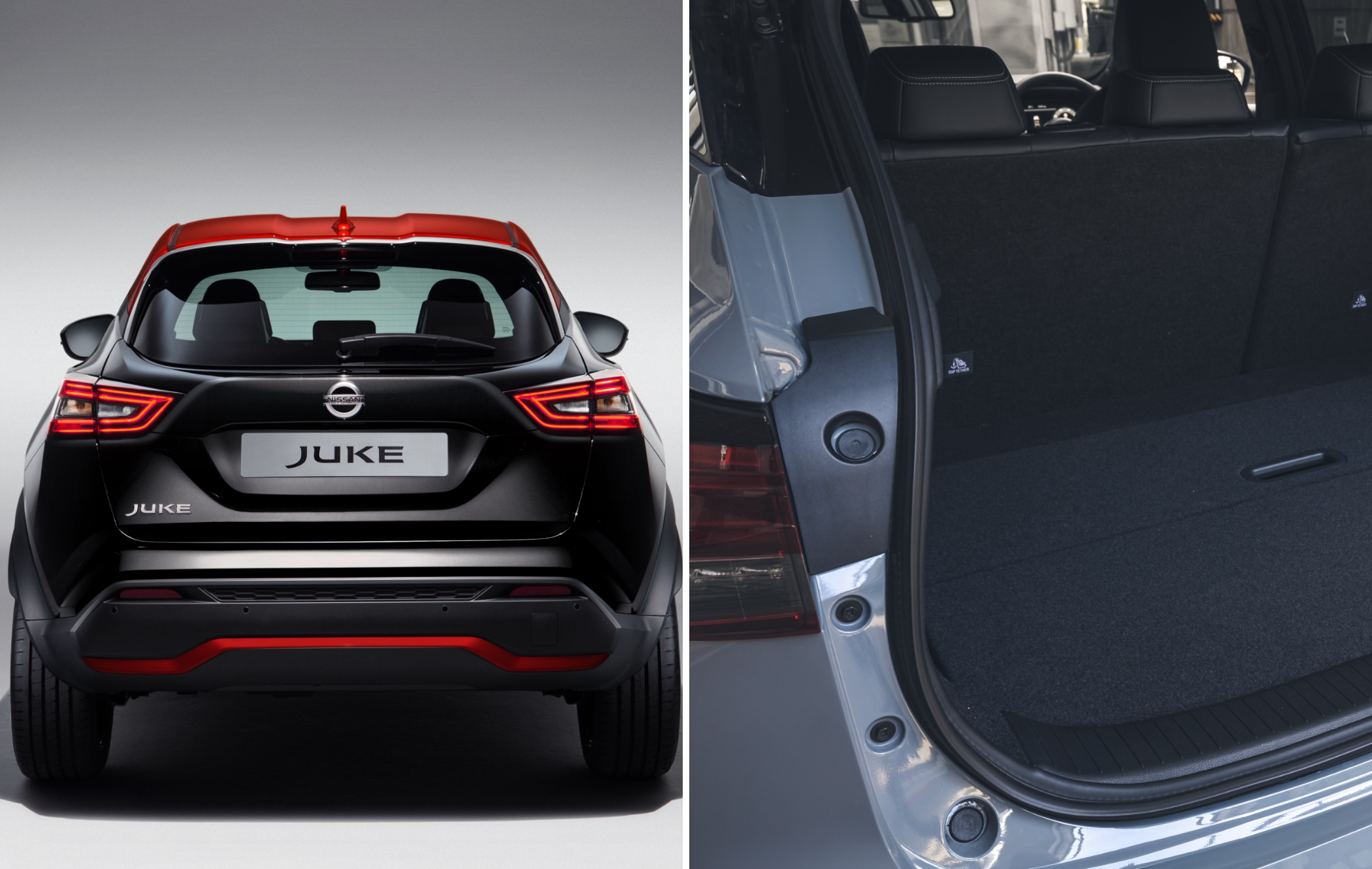 on the left is the rear of a black and red nissan juke and on the right is the open boot of a grey qashqai