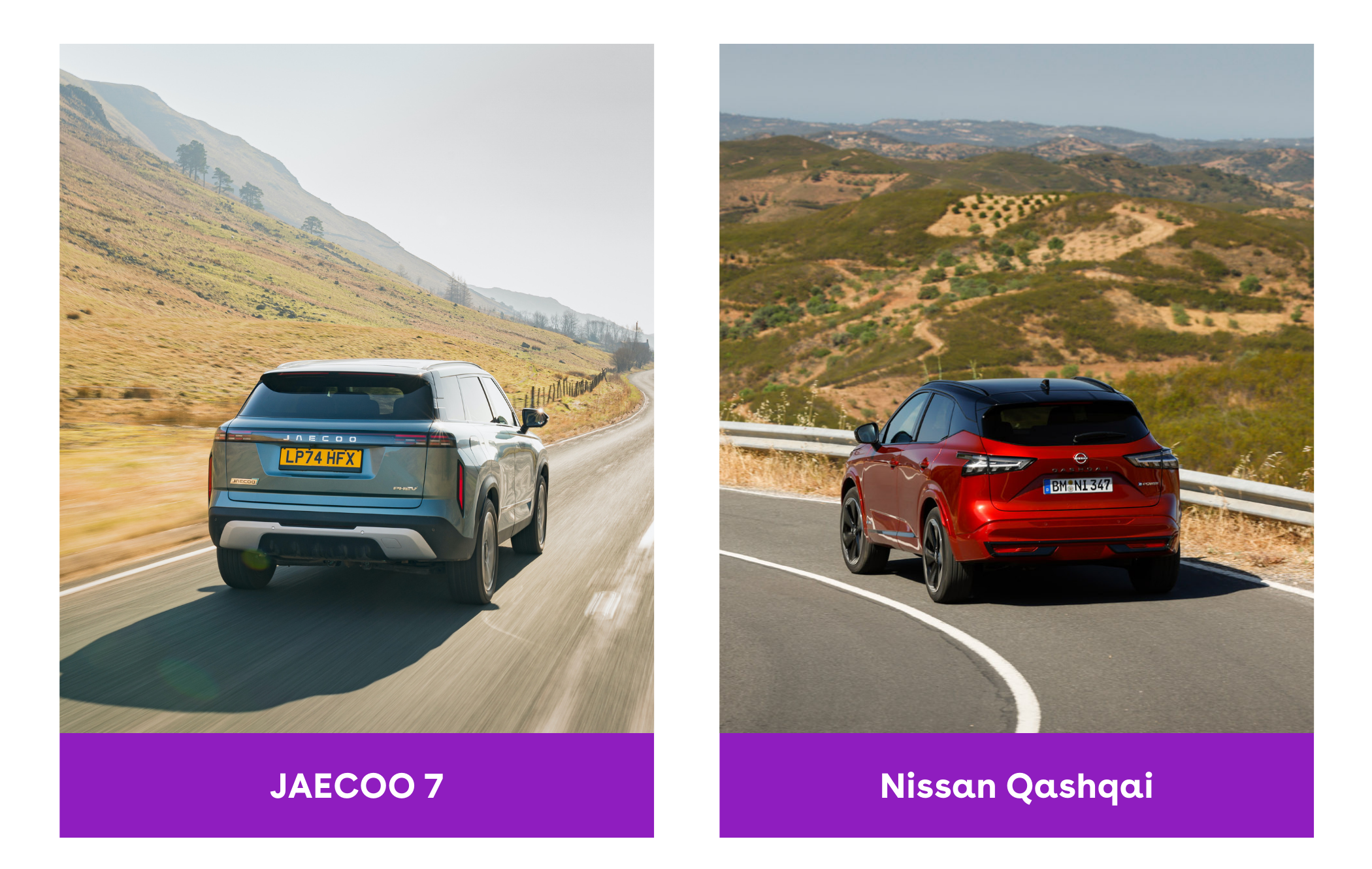 Two SUVs on separate roads: a silver JaeCoo 7 navigating a rural landscape, and a red Nissan Qashqai on a winding mountain road.