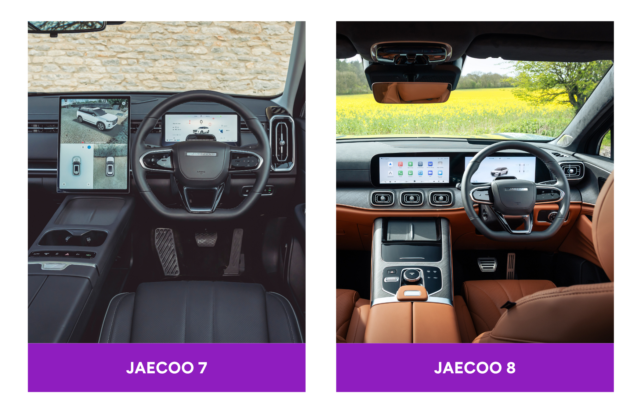Side-by-side comparison of Jaecoo 7 and Jaecoo 8 car interiors, showcasing different dashboard designs and steering wheels.
