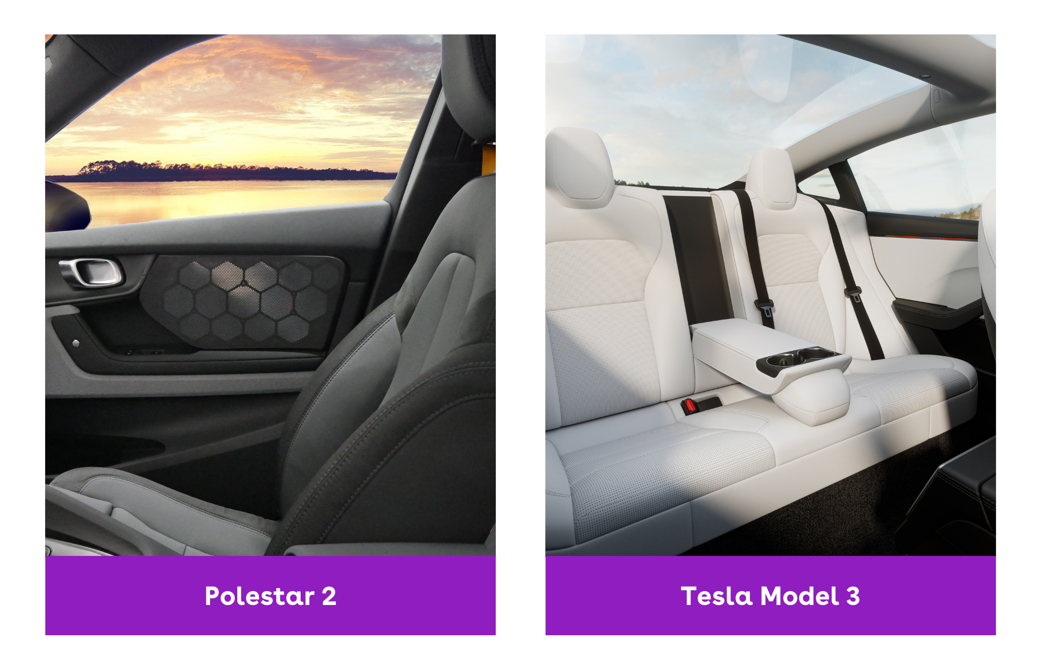 A comparison of the interior space in the Tesla Model 3 and Polestar 2