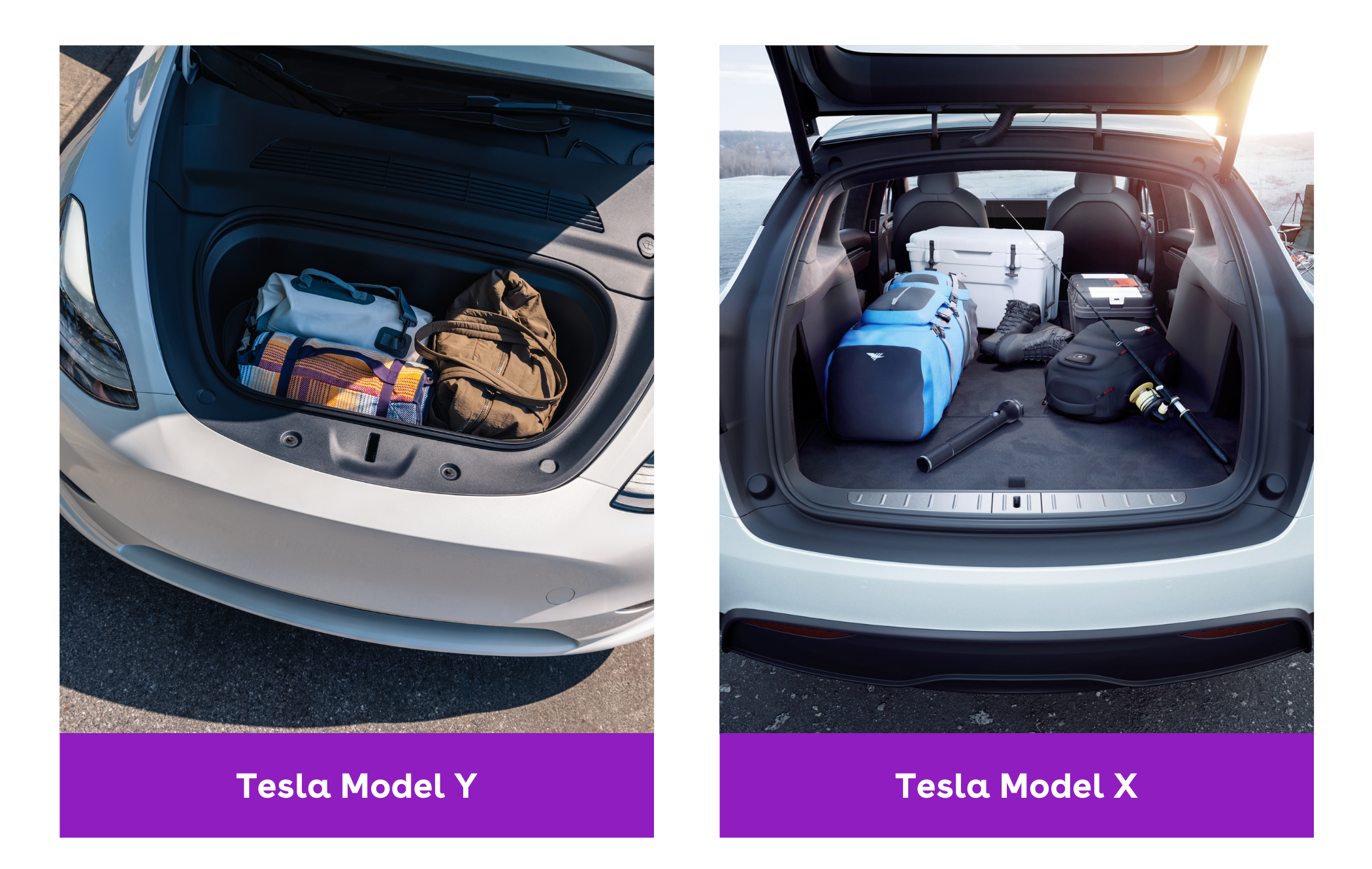 A comparison showing the Tesla Model Y and Model X boot and frunk