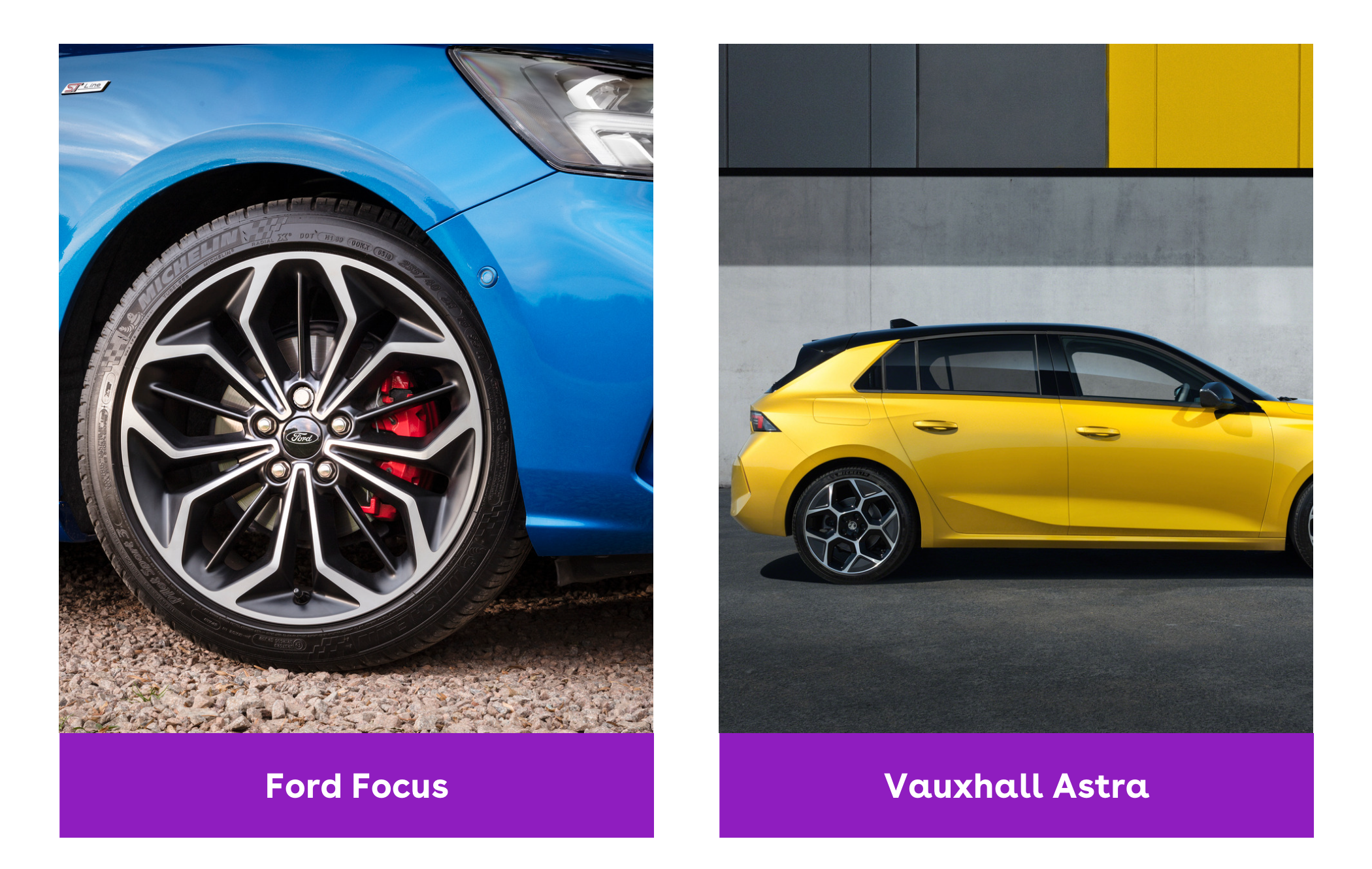 on the left is a Ford Focus and on the right is a Vauxhall Astra, both driving on a road