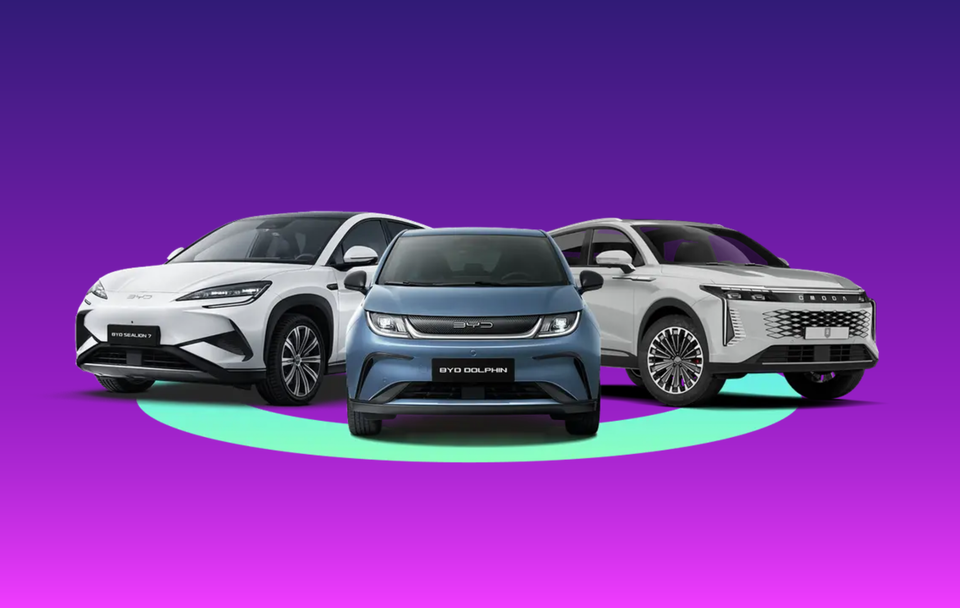Three electric cars on a vibrant purple and teal background, showcasing sleek and modern designs.