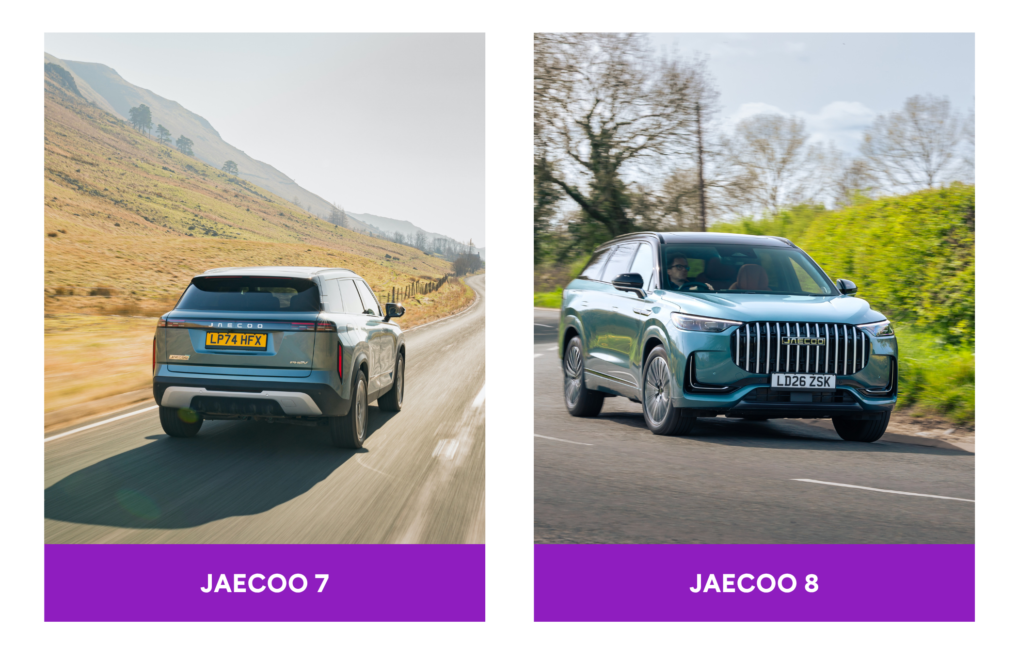 Two SUVs on scenic roads: left is Jaecoo 7 with hills; right is Jaecoo 8 in greenery, both with vibrant colors and modern design.