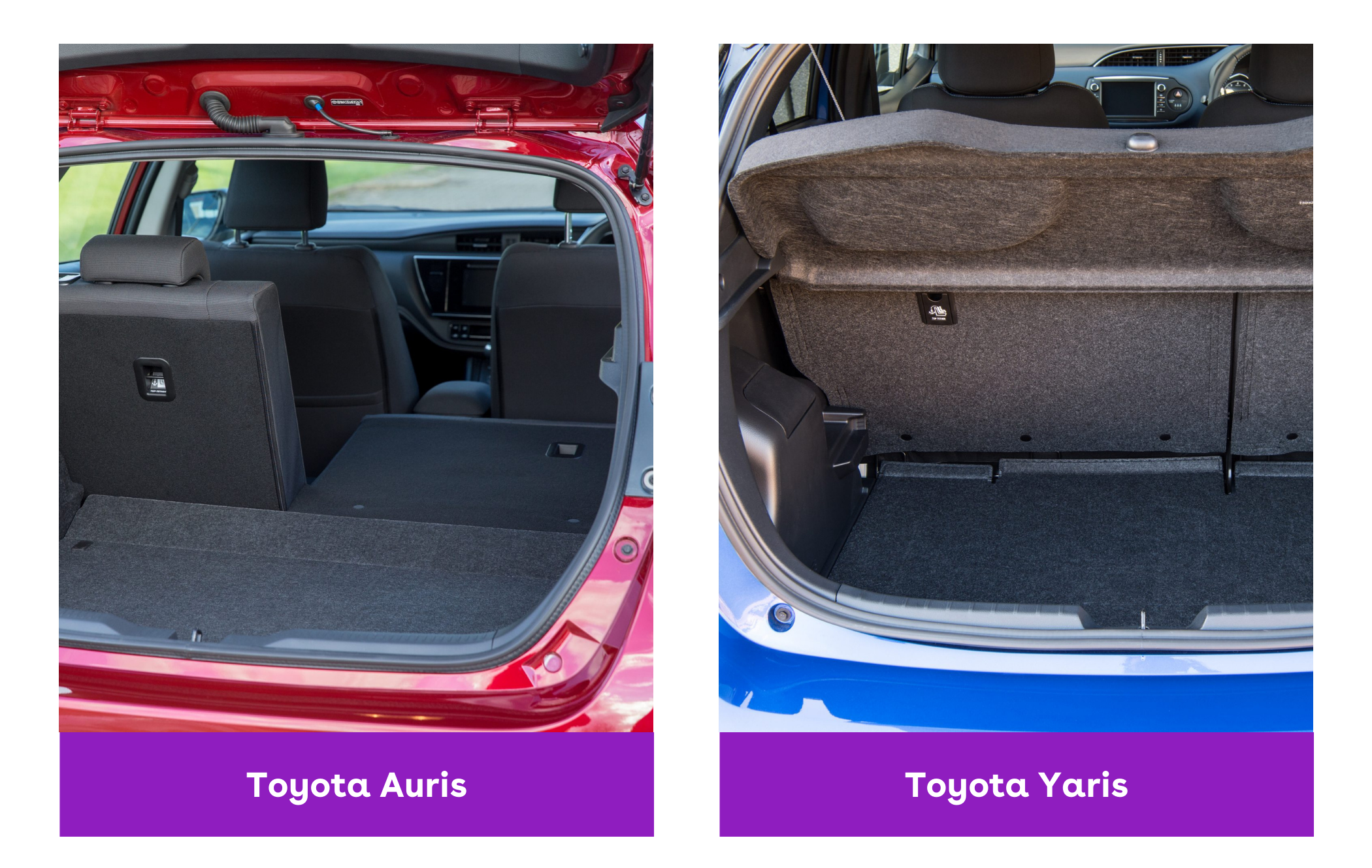 Side-by-side shot of Toyota Auris and Toyota Yaris boots