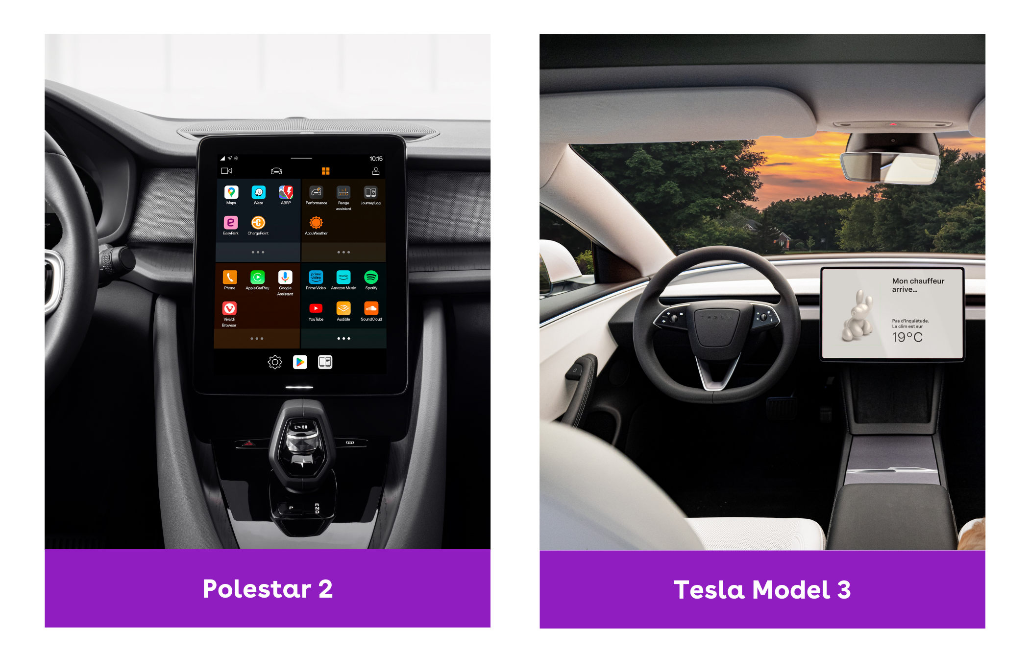 A comparison of the interior in the Tesla Model 3 and Polestar 2