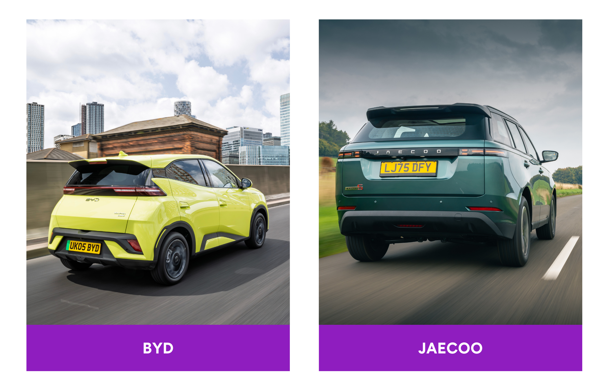 Two SUVs driving on a road: a bright green BYD model on the left and a dark green JAECOO model on the right, with city and country backgrounds.
