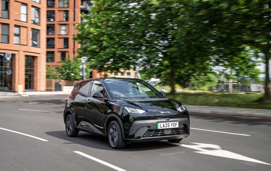 A black BYD Dolphin Surf drives on a city street with modern brick buildings and lush green trees in the background.