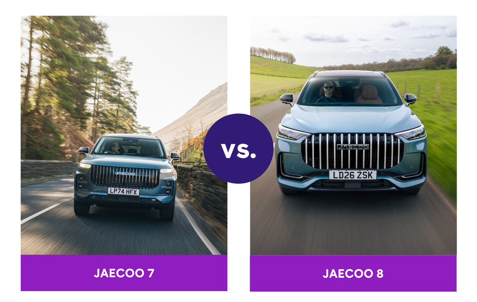 Side-by-side comparison of Jaecoo 7 and Jaecoo 8 SUVs with a “vs.” in the center, both driving on scenic roads.