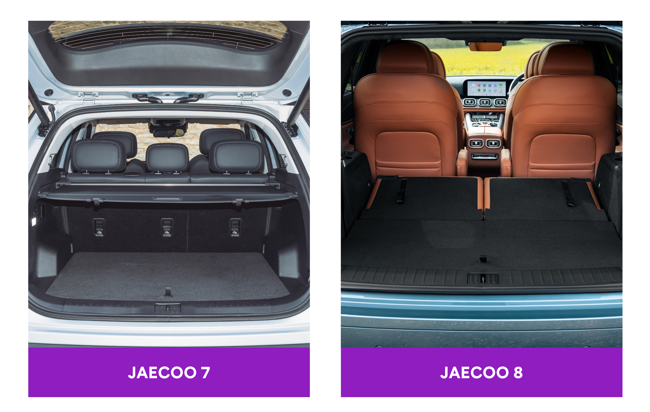 Comparison of the trunk space in Jaecoo 7 and Jaecoo 8, showing rear seats and cargo area, with Jaecoo 8 featuring folded seats.
