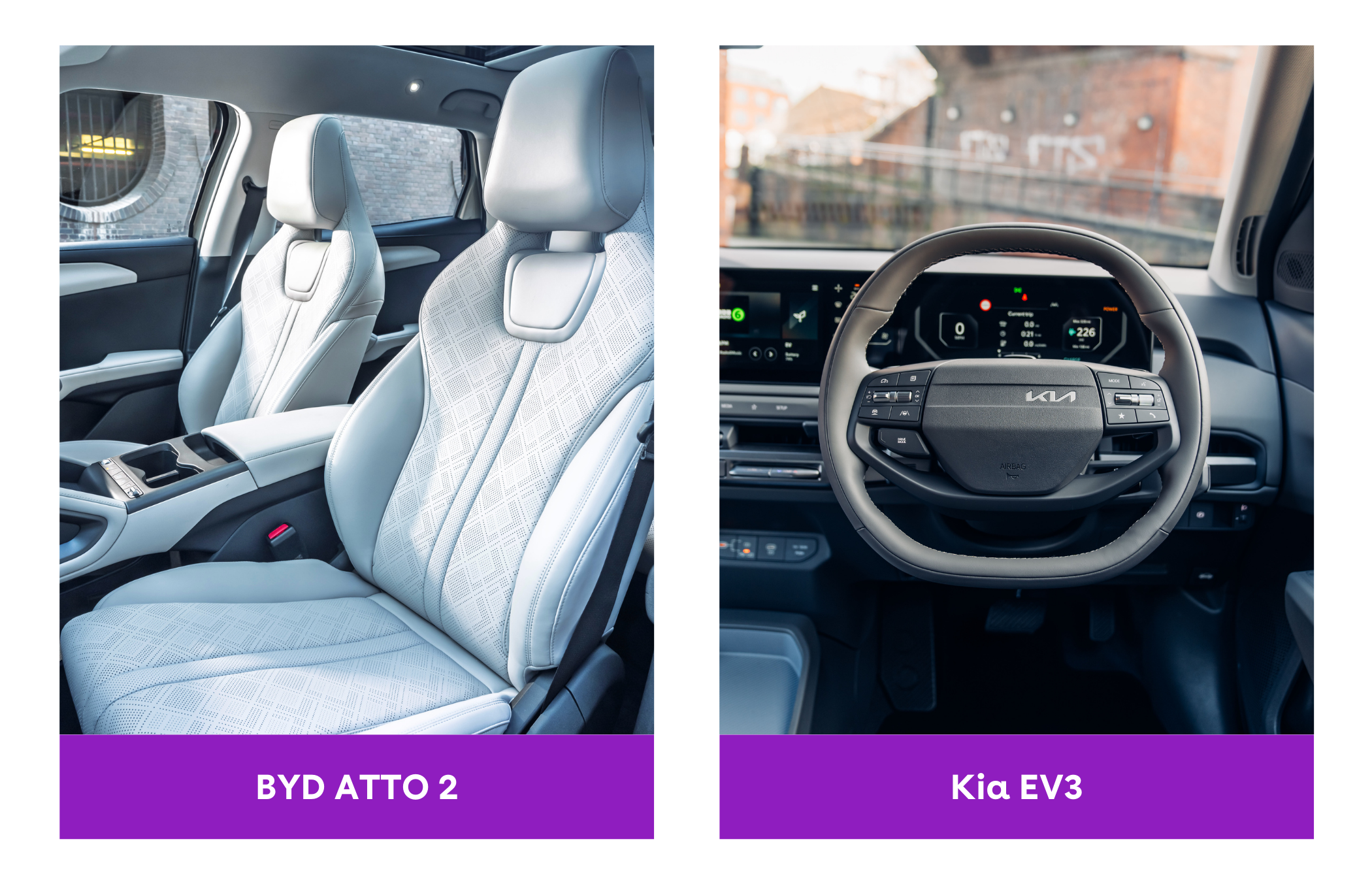 Side-by-side view of BYD ATTO 2's front seats and Kia EV3's steering wheel and dashboard, highlighting modern interior designs.