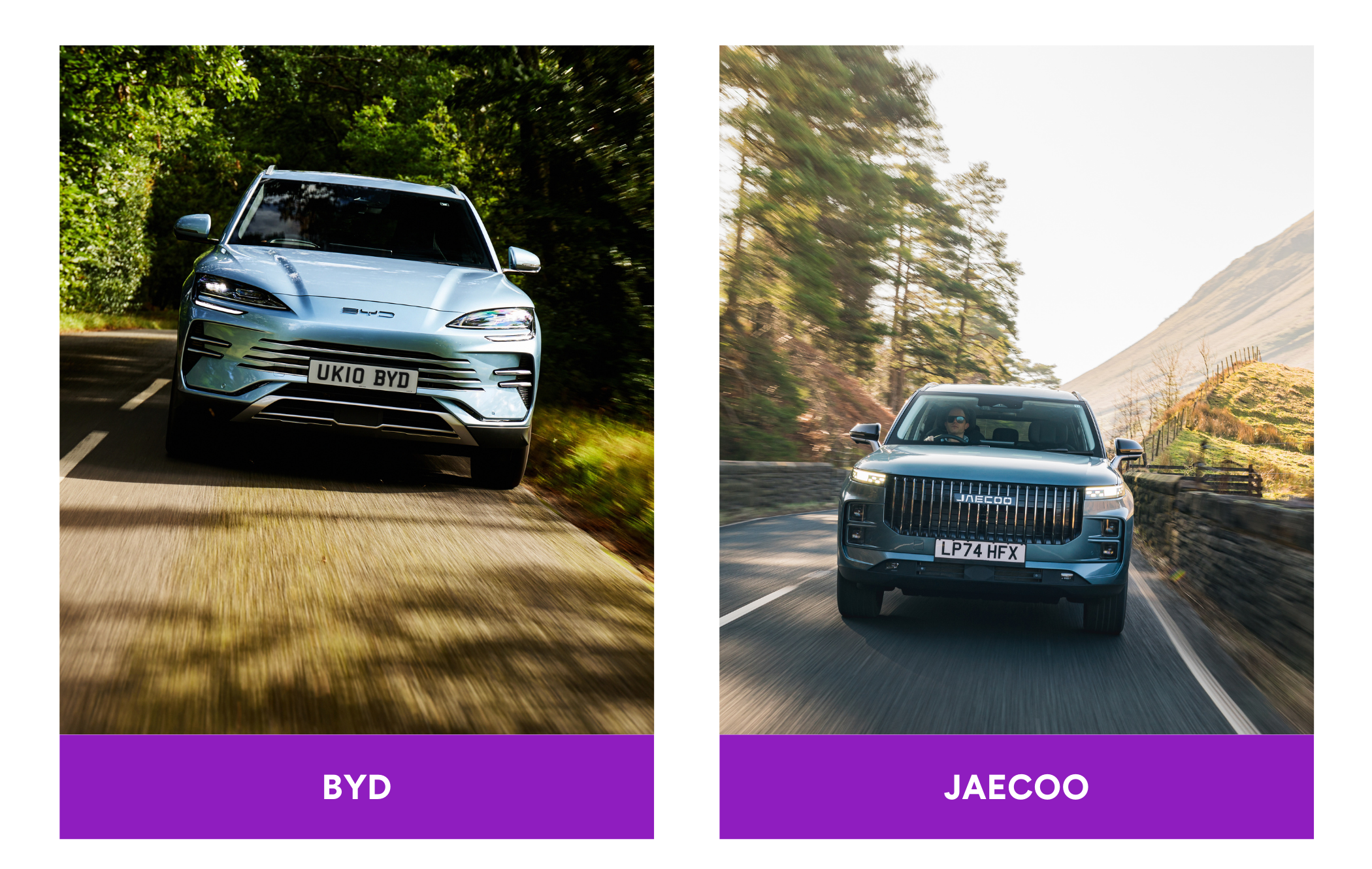 Two SUVs on countryside roads; the left is a blue BYD, and the right is a gray JAECOO, both framed by trees under a clear sky.