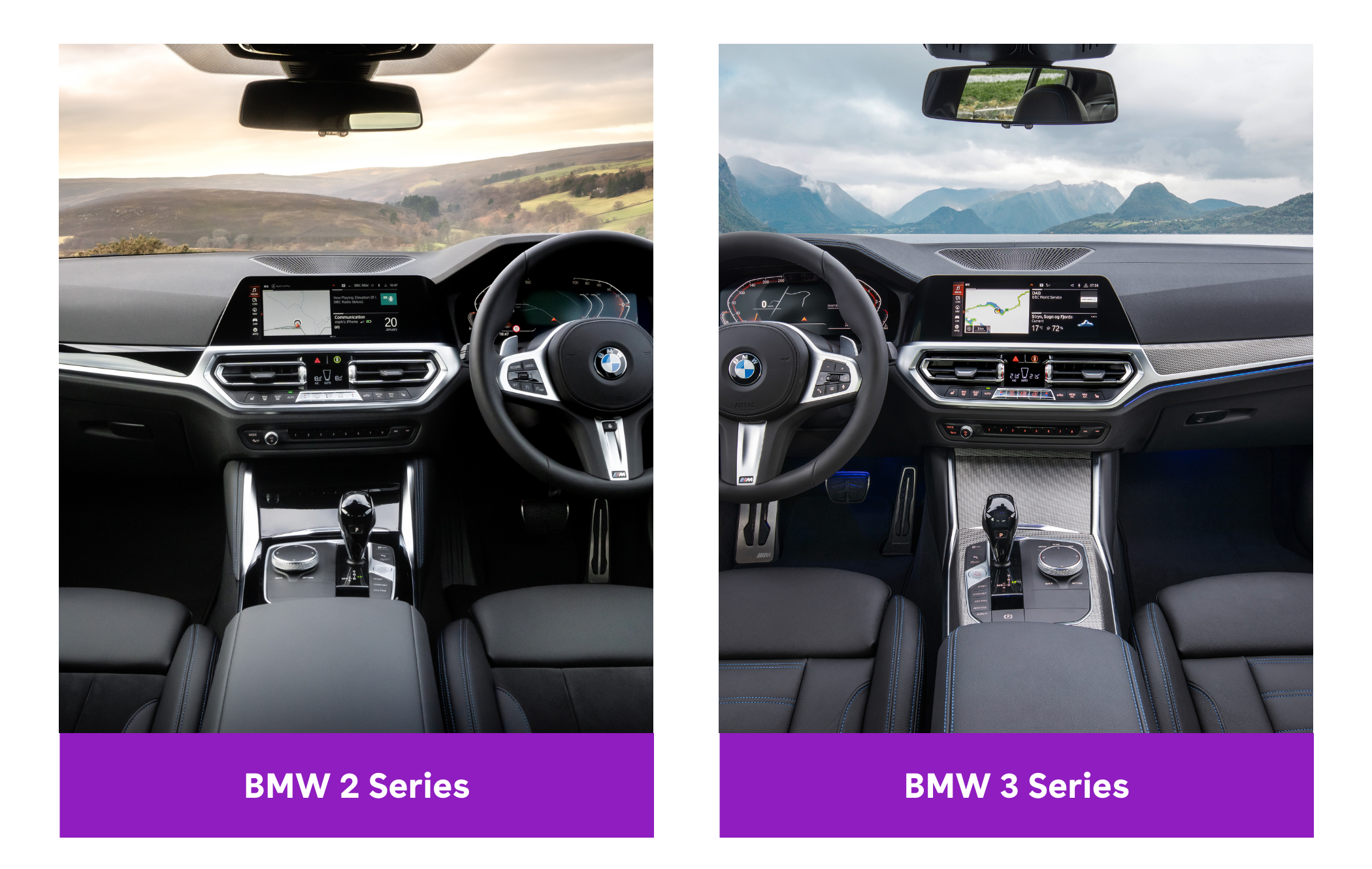 Side-by-side interior view of BMW 2 Series and BMW 3 Series