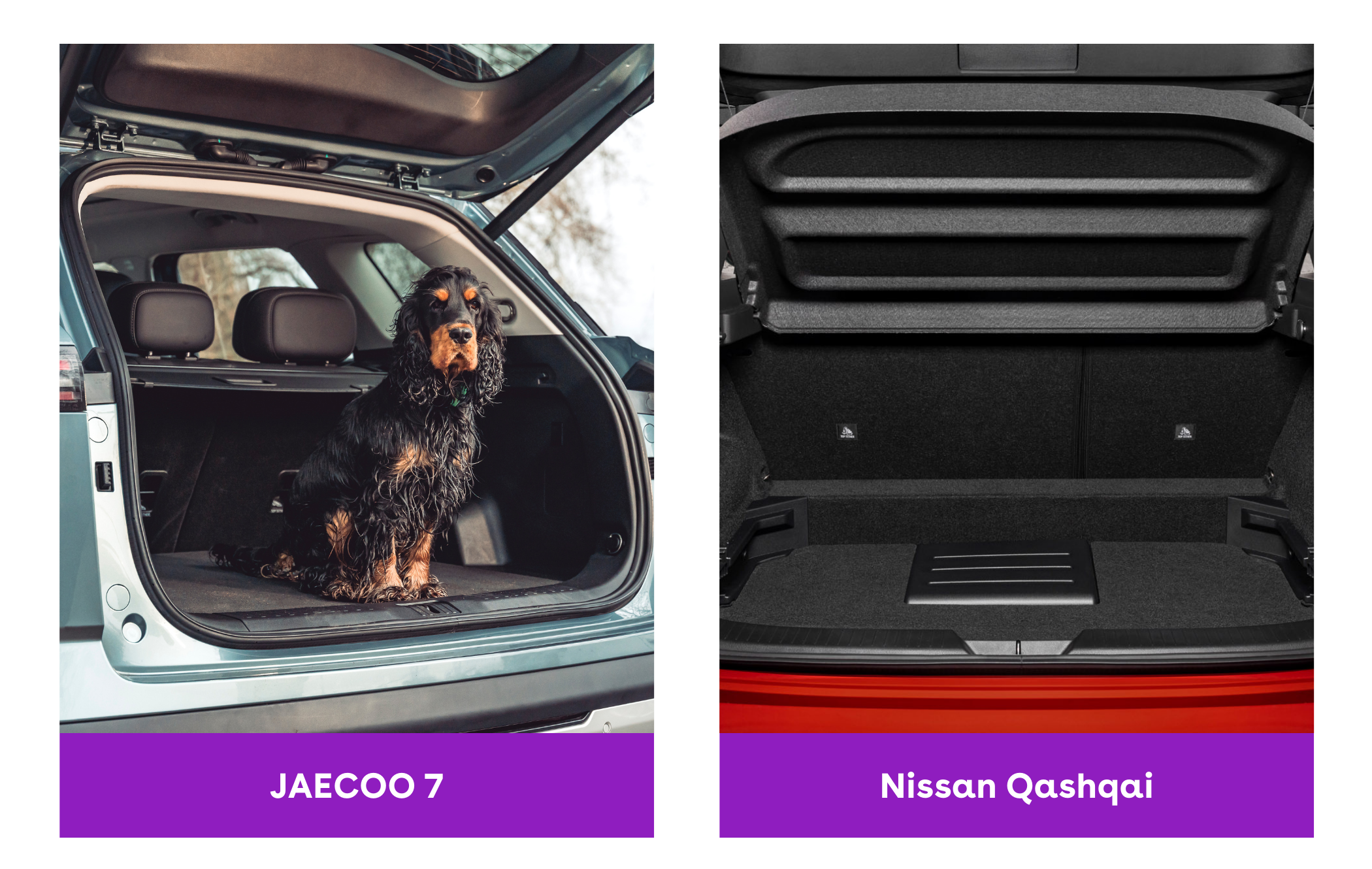 Split image: Left shows a dog in the open trunk of a white JAECOO 7. Right shows an open, empty trunk of a red Nissan Qashqai.