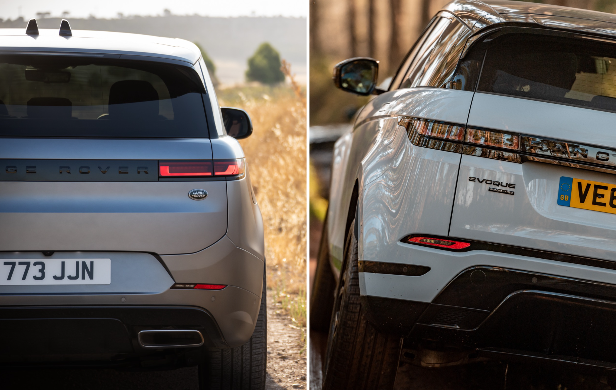 on the left is a grey range rover sport rear and on the right is a white evoque rear