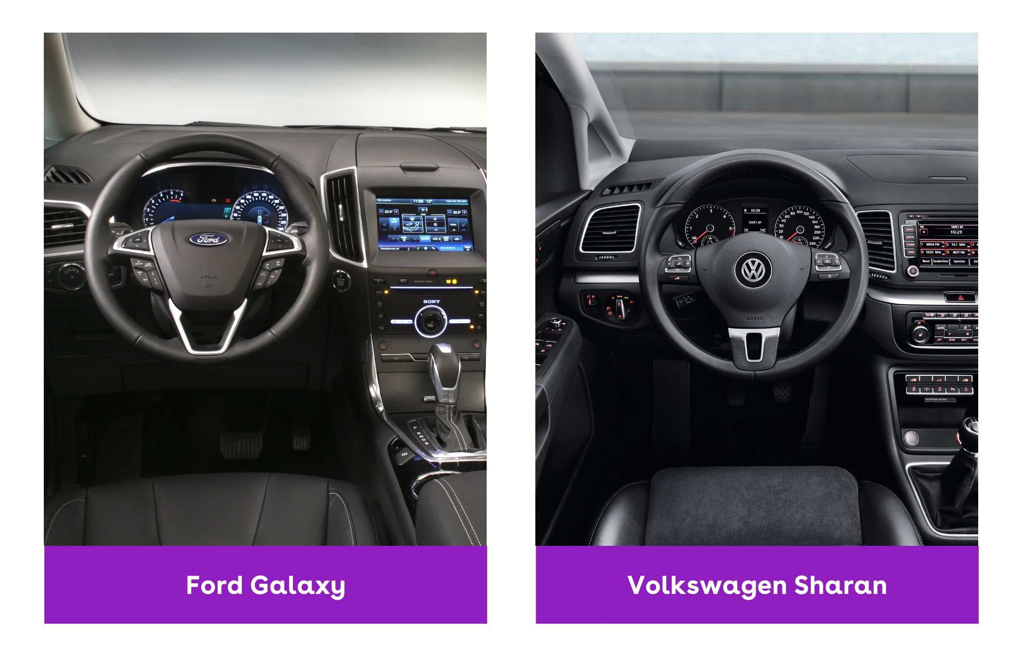on the left is a Ford Galaxy and on the right is a Volkswagen Sharan, both showing their black interiors
