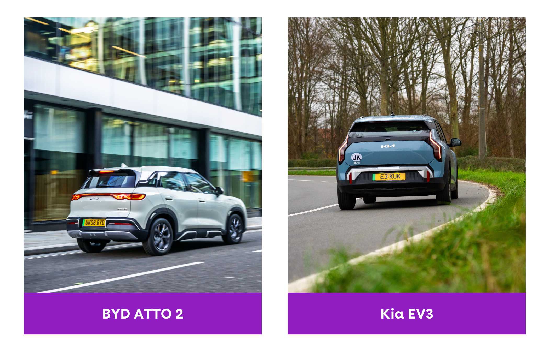 Two cars on roads: a BYD ATTO 2 driving past a building, and a Kia EV3 turning on a tree-lined street, both with UK plates.