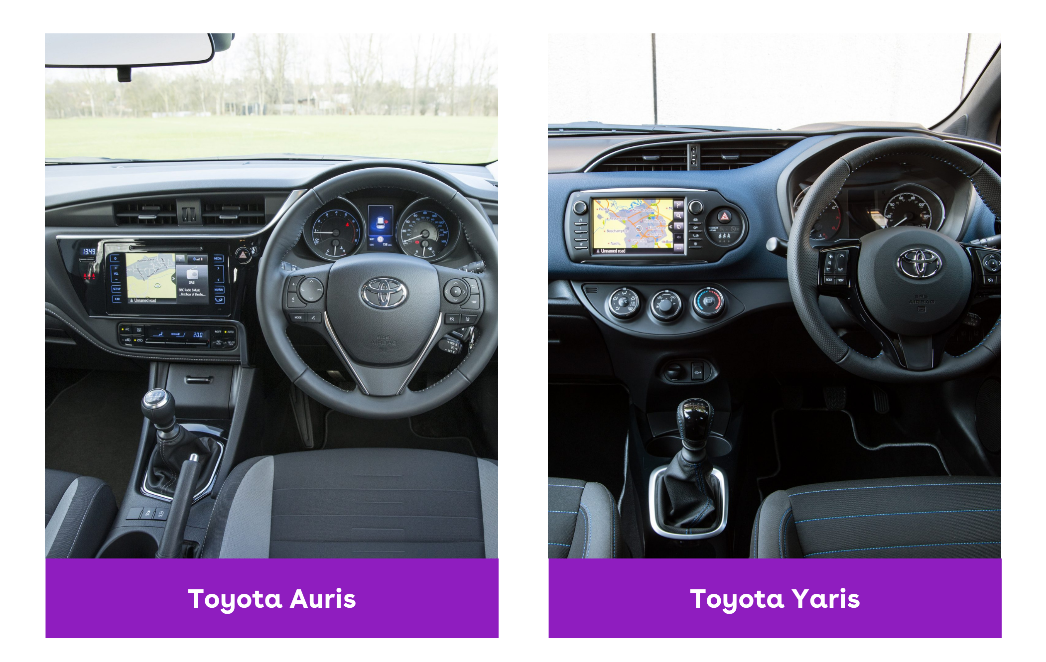 Side-by-side interior shot of Toyota Auris and Toyota Yaris