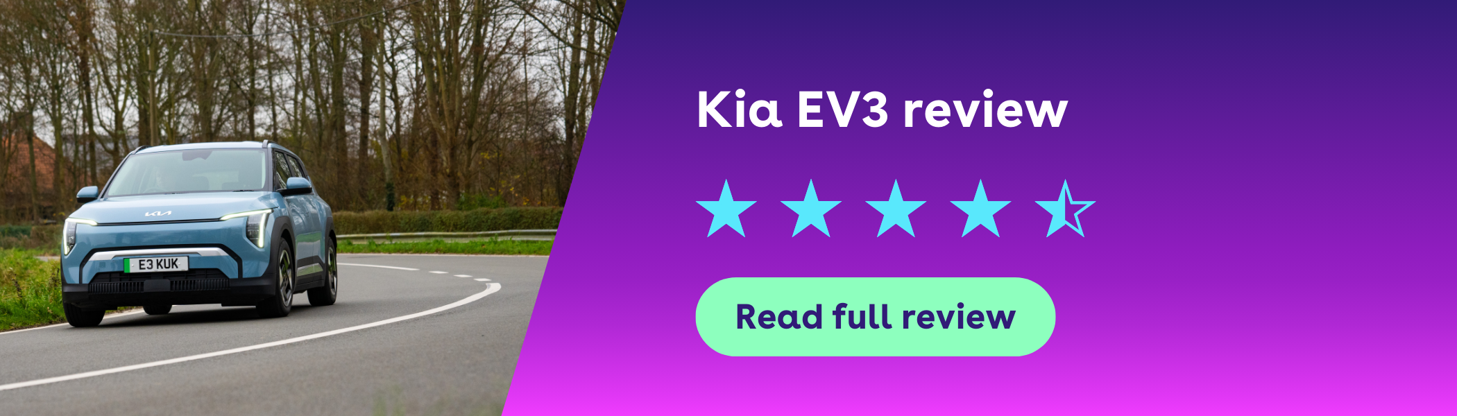 A blue Kia EV3 on a curved road with a "Kia EV3 review" banner, showing a 4.5-star rating, and a "Read full review" button.