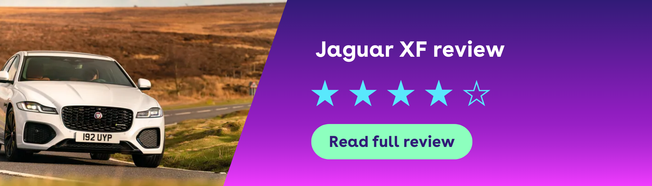 White Jaguar XF driving on a rural road, with a purple gradient overlay featuring a four-star review and a "Read full review" button.