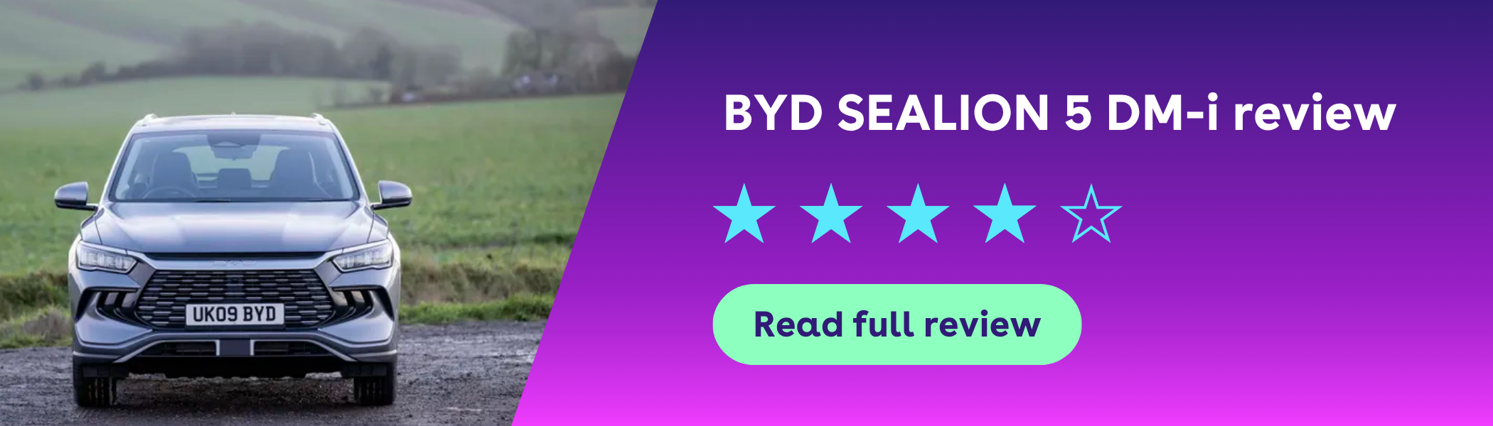 Front view of a BYD car in a field, with a review title and 4-star rating on a purple gradient background.