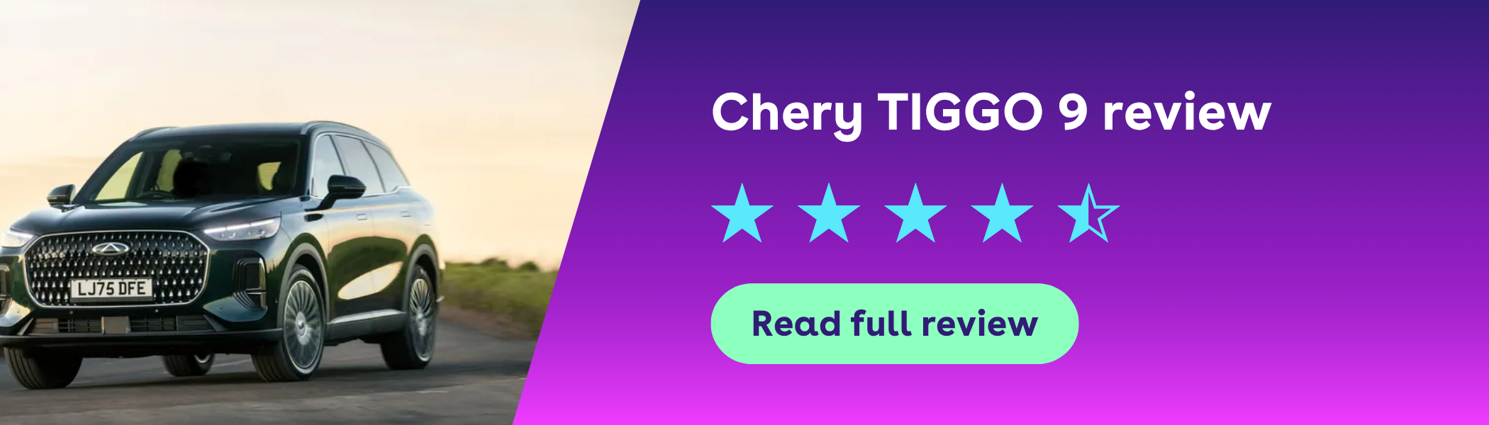 A black Chery TIGGO 9 SUV driving on a road, with a five-star review banner that says "Chery TIGGO 9 review" and "Read full review."