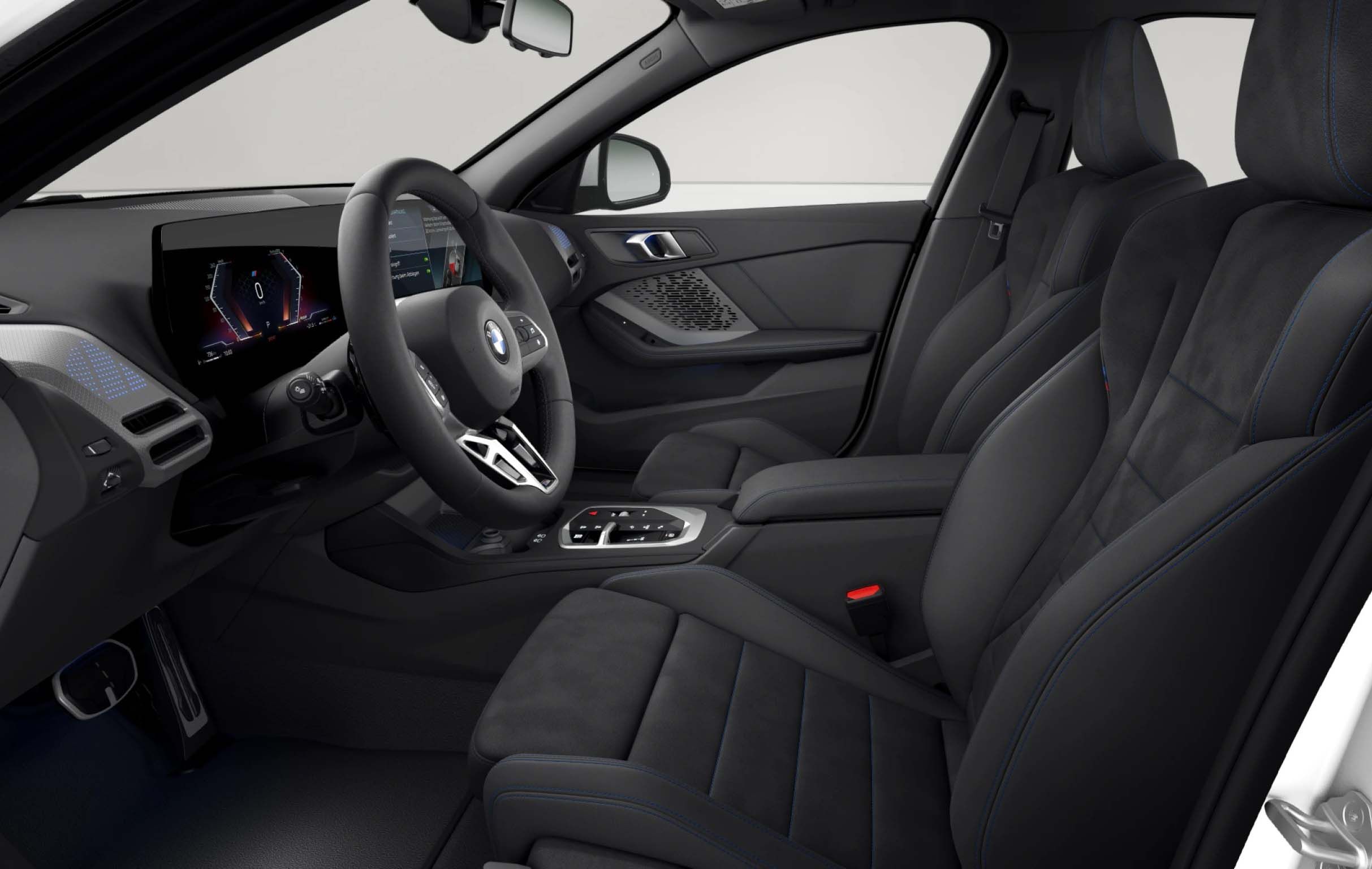 BMW 1 Series interior finished in M Alcantara Veganza Combination with Black/Blue Contrast Stitching