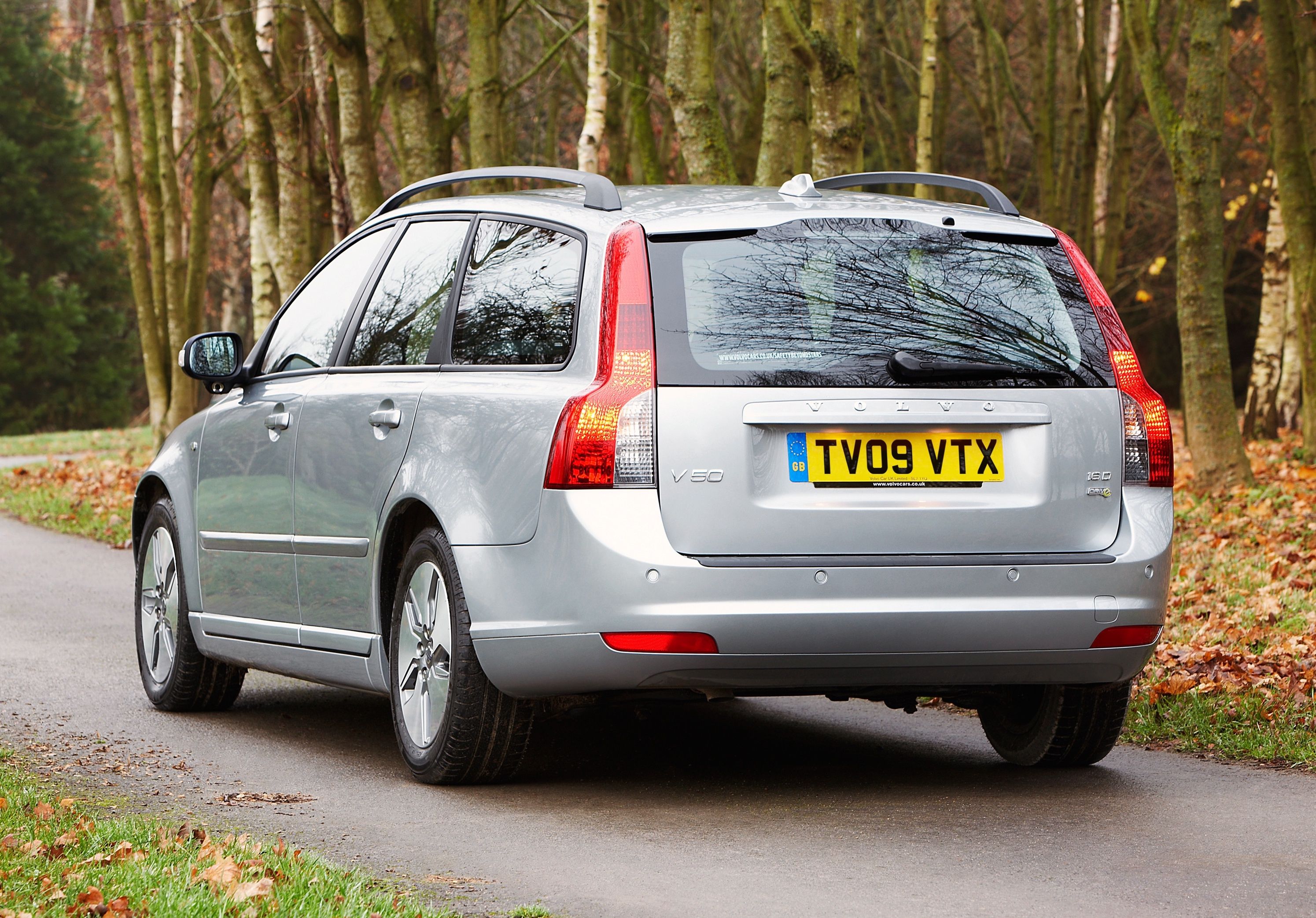 A rear shot of a silver Volvo V50