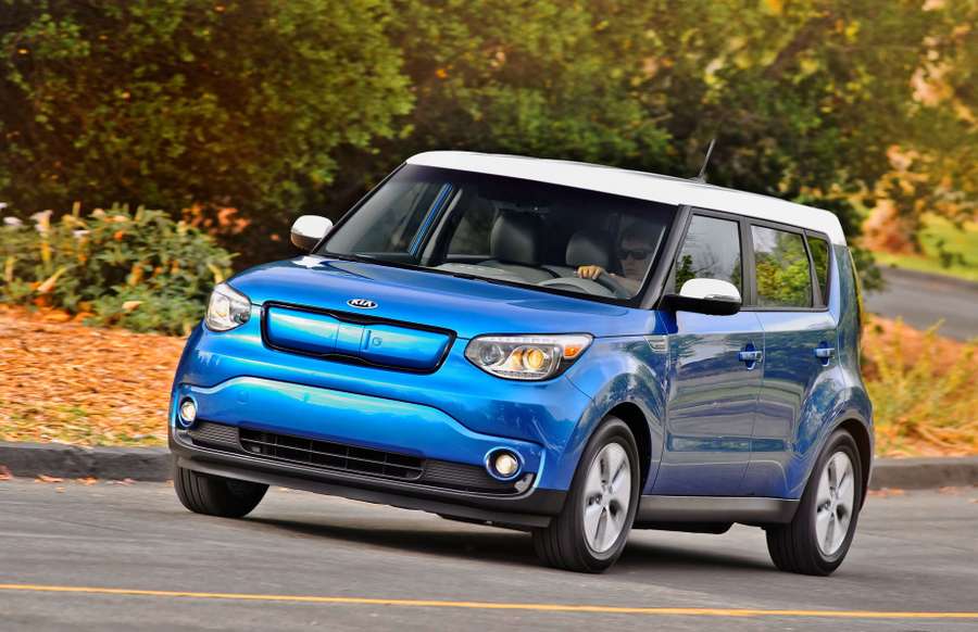 A blue Kia Soul EV