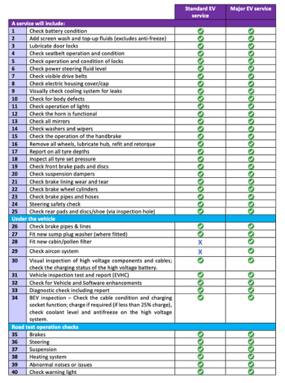table with checks included for the cinchServicing EV options