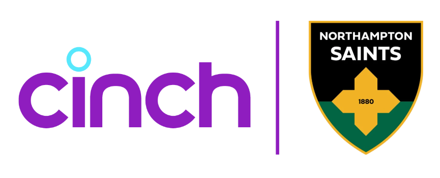 Logo featuring the word "cinch" in purple with a blue circle above the "i," next to the Northampton Saints emblem with a green and gold cross.