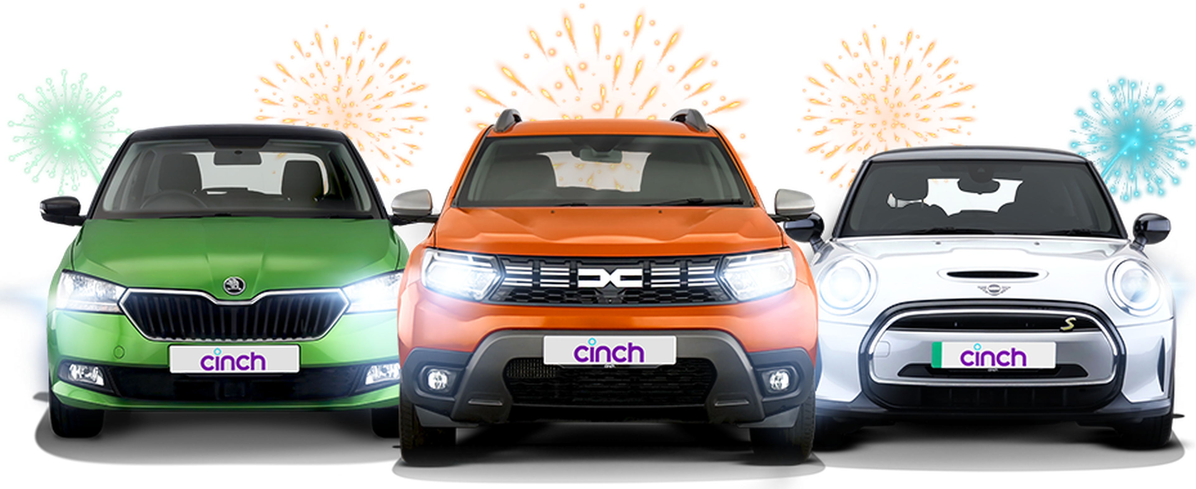 Three cars with "cinch" plates: a green sedan, orange SUV, and white hatchback, with colorful virus-like shapes in the background.