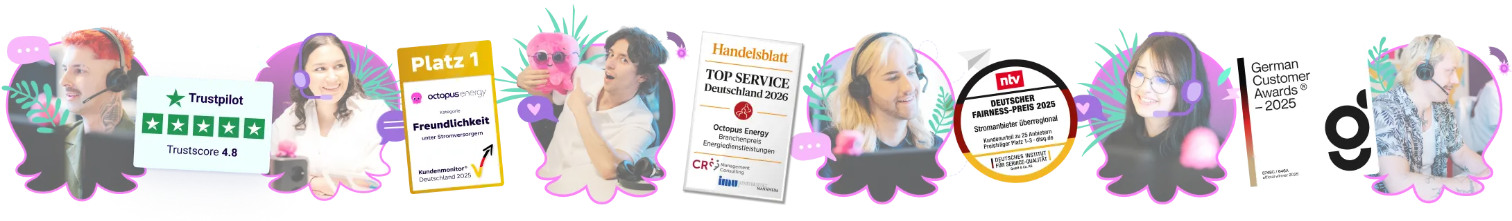 Collage aus Personen mit Kopfhörern, einer Trustpilot-Bewertung und verschiedenen Auszeichnungsplaketten, die auf hervorragenden Kundenservice und Anerkennung hinweisen.