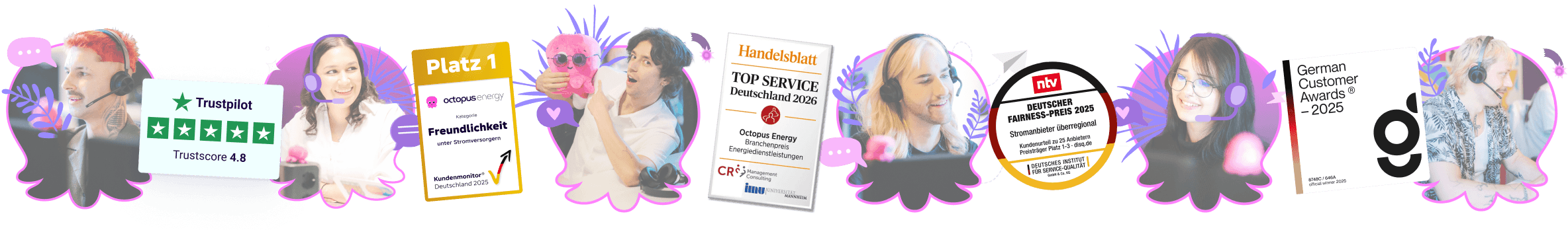 Collage lächelnder Kundenservice-Mitarbeitender mit Auszeichnungen von Trustpilot, Handelsblatt und German Customer Awards.