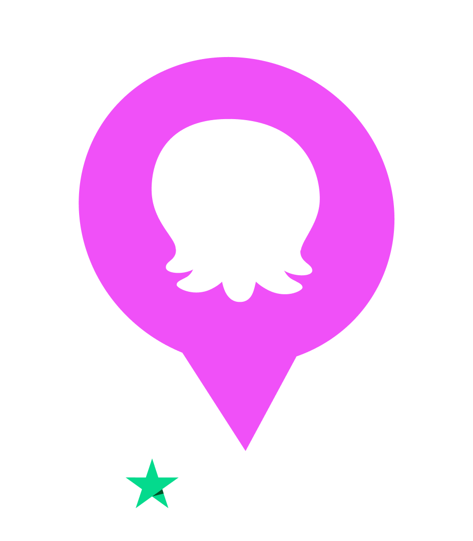 Ein Pin mit einer Oktopus Silhuette und dem Trustpilot Logo